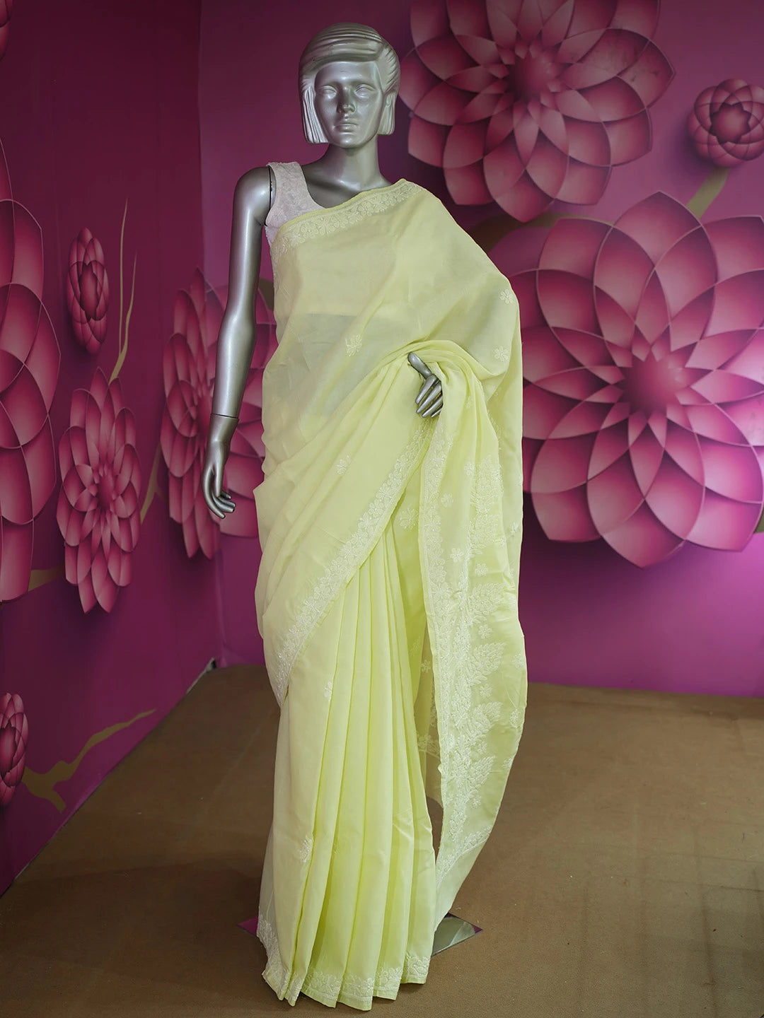 Ada Hand Embroidered Lime Green Cotton Lucknowi Chikankari Saree and Blouse 01A577524