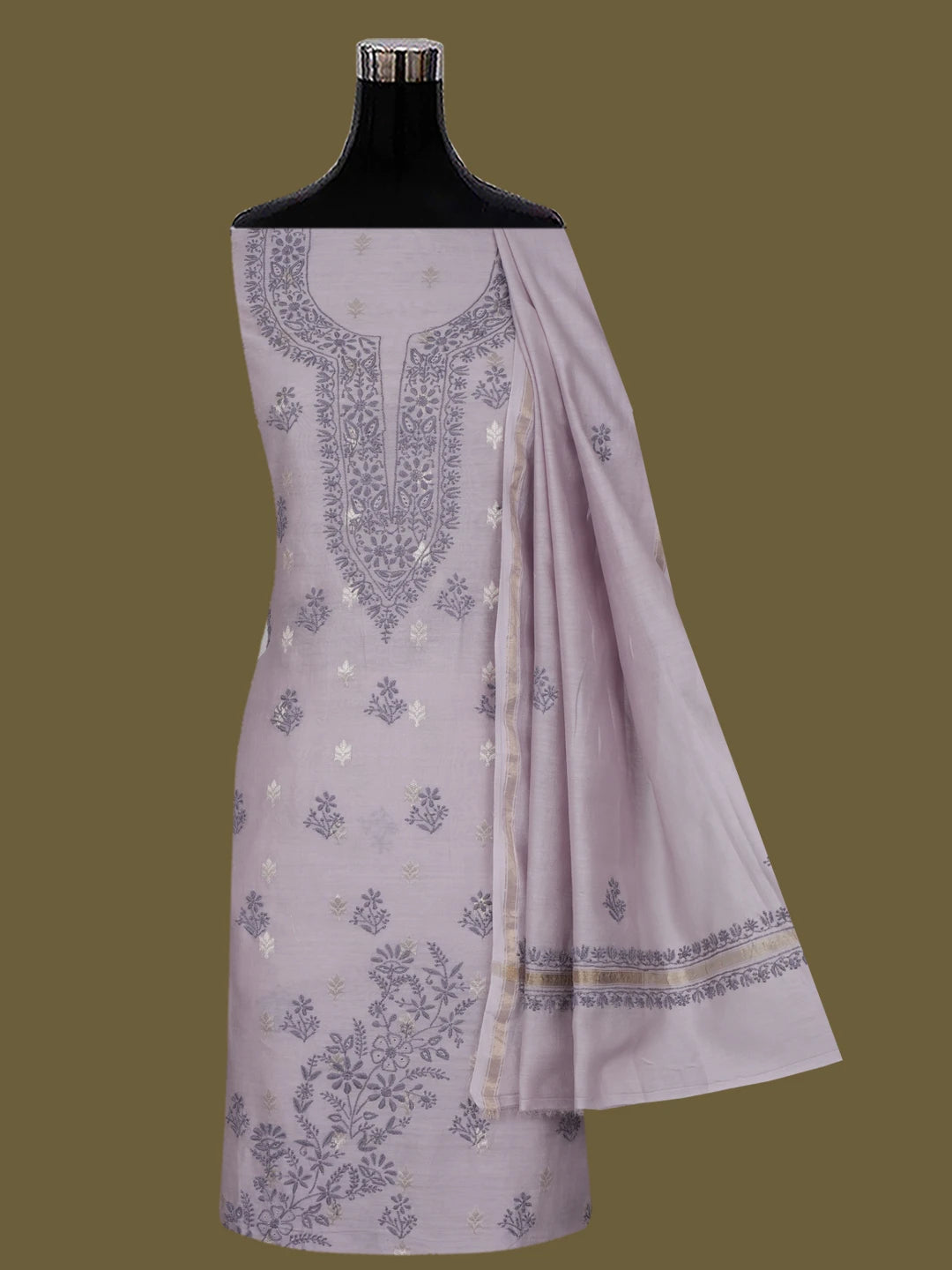 Ada Hand Embroidered Mauve Chanderi Lucknowi Chikankari Unstitched Kurta Dupatta Set 01A687425