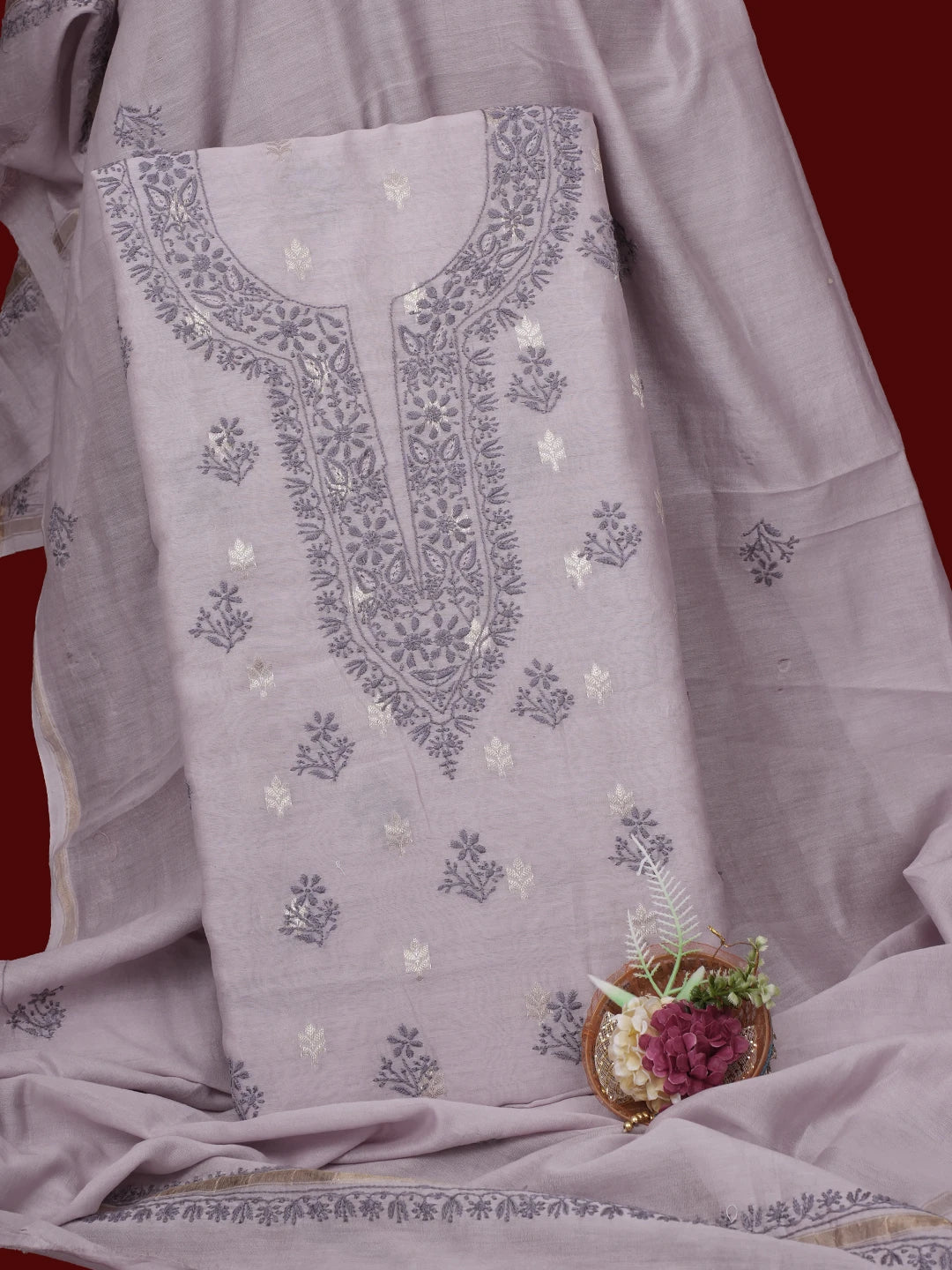 Ada Hand Embroidered Mauve Chanderi Lucknowi Chikankari Unstitched Kurta Dupatta Set 01A687425