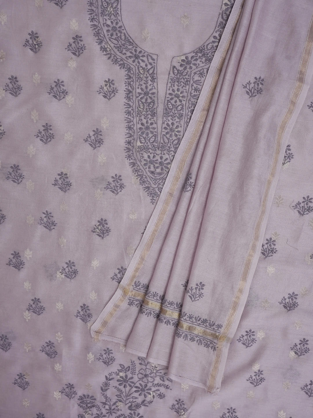 Ada Hand Embroidered Mauve Chanderi Lucknowi Chikankari Unstitched Kurta Dupatta Set 01A687425
