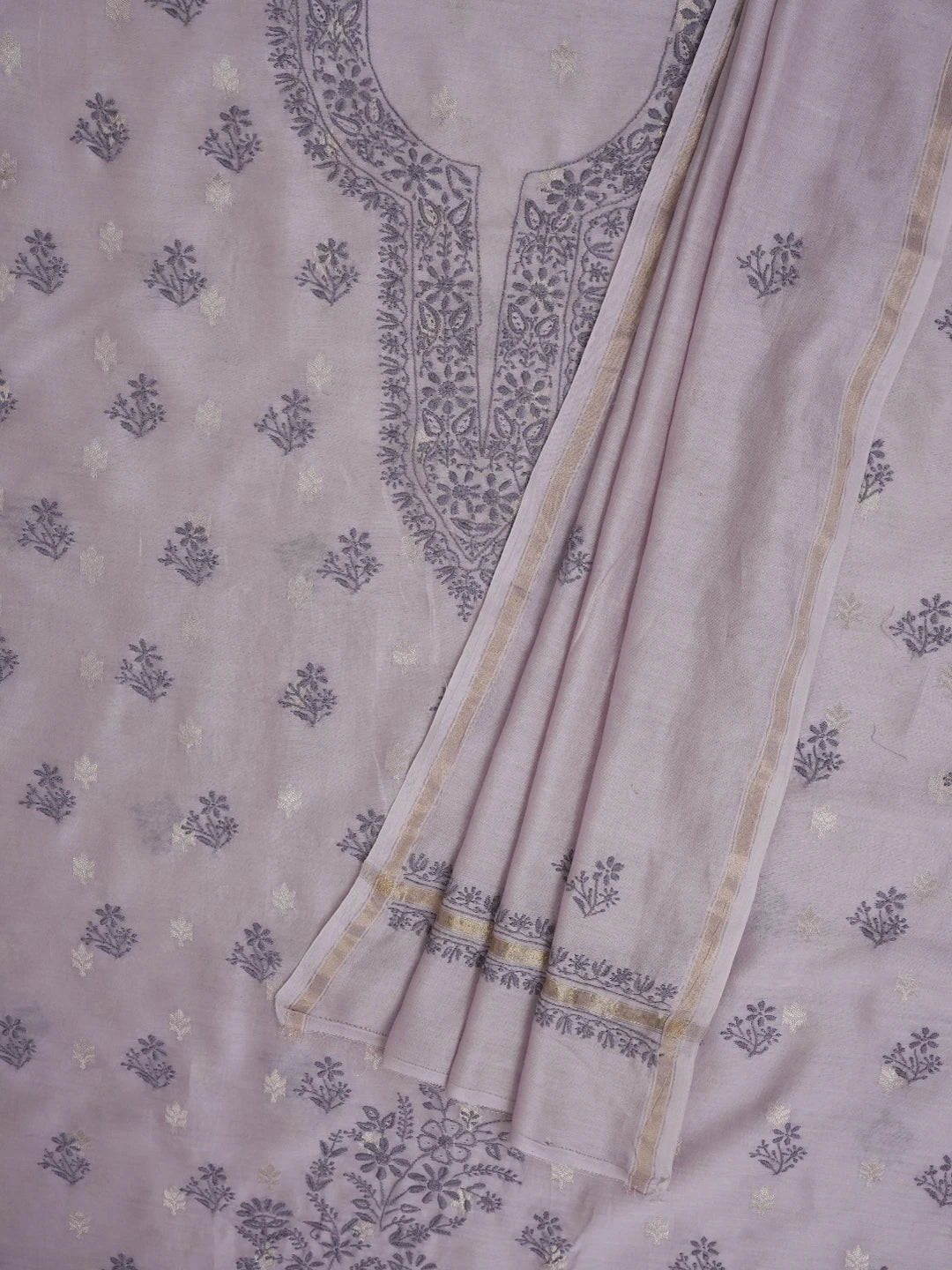 Ada Hand Embroidered Mauve Chanderi Lucknowi Chikankari Unstitched Kurta Dupatta Set 01A687425