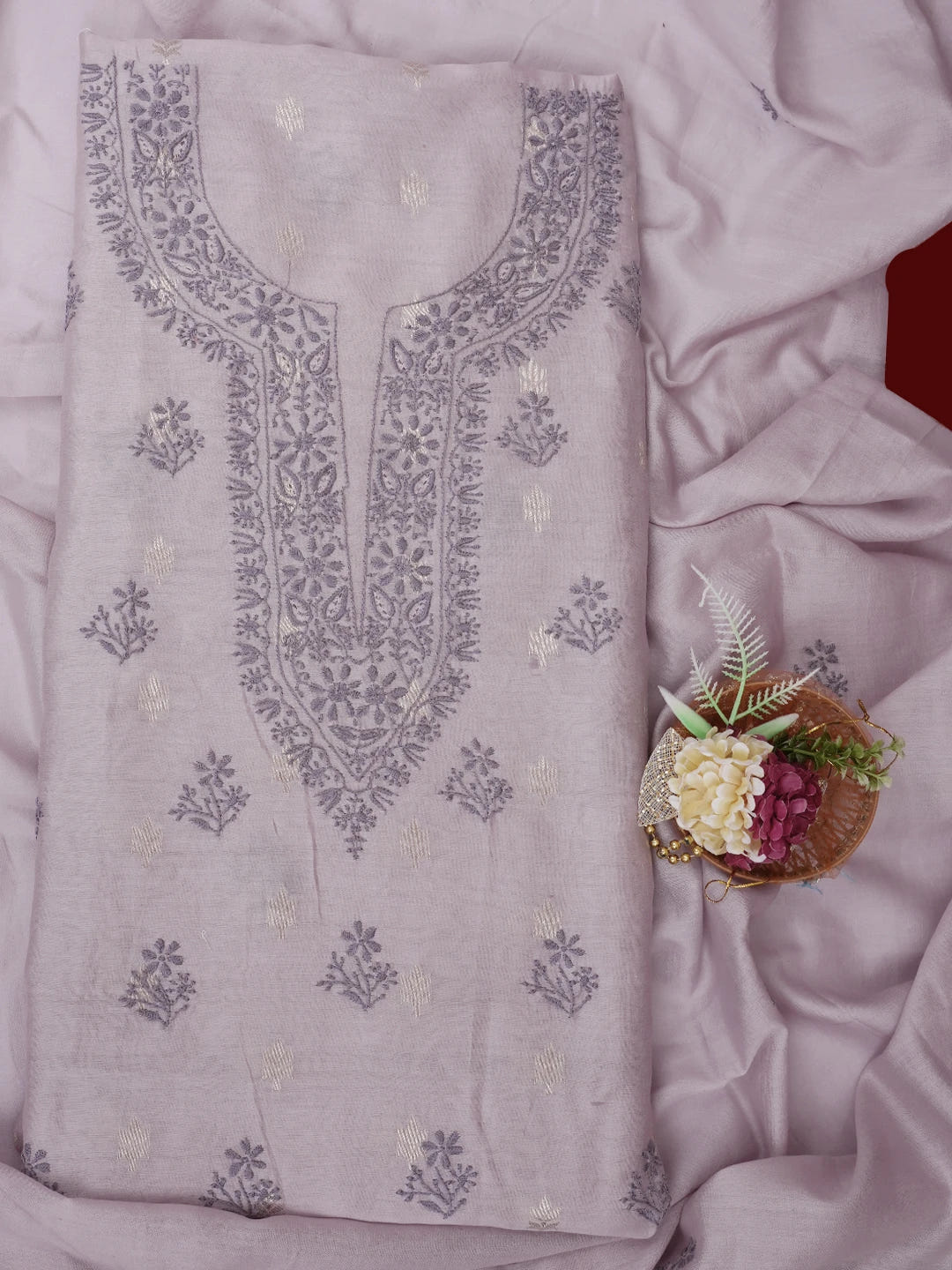 Ada Hand Embroidered Mauve Chanderi Lucknowi Chikankari Unstitched Kurta Dupatta Set 01A687425