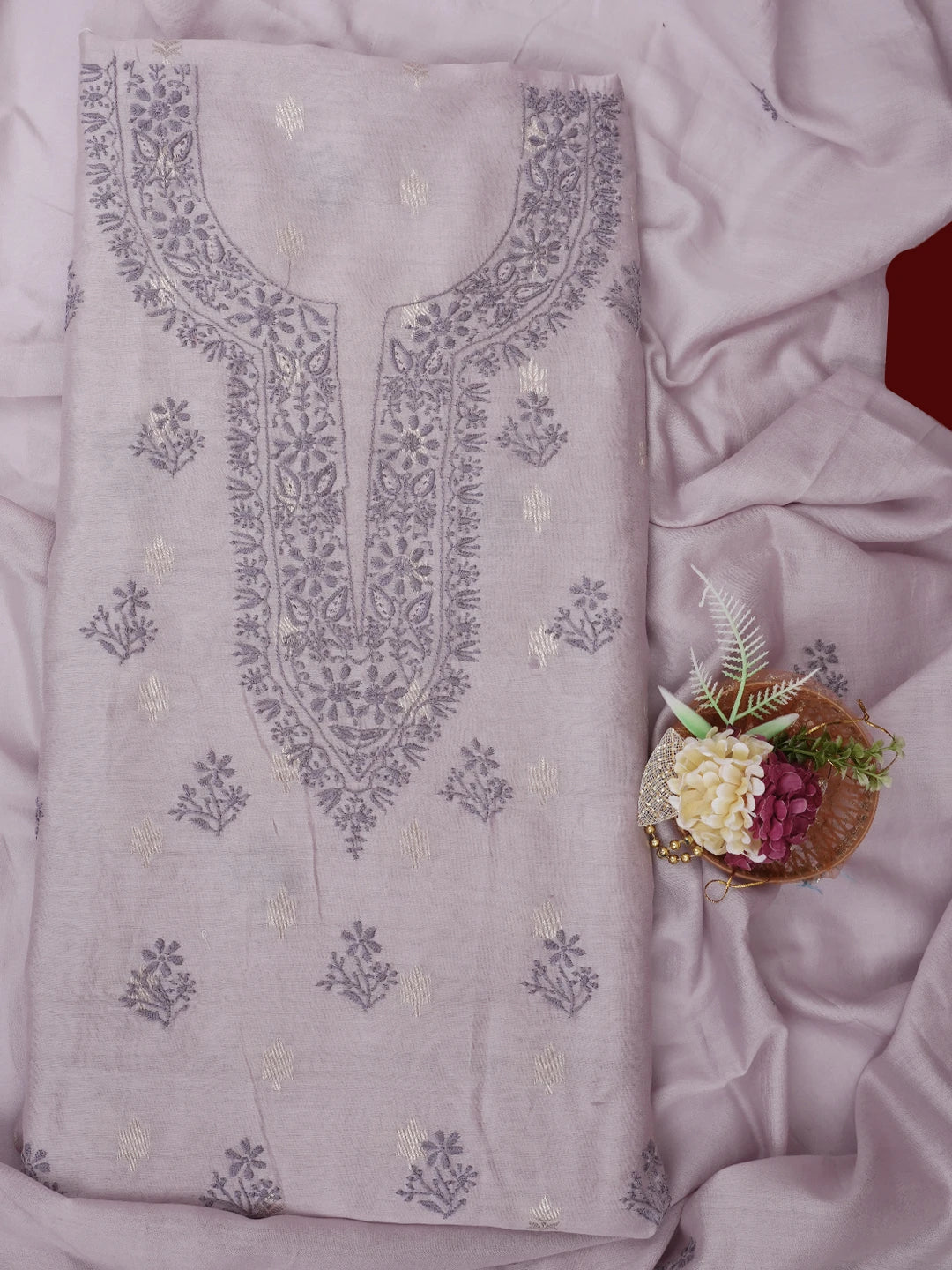 Ada Hand Embroidered Mauve Chanderi Lucknowi Chikankari Unstitched Kurta Dupatta Set 01A687425