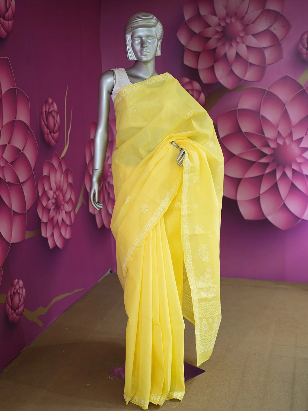 Ada Hand Embroidered Yellow Cotton Lucknowi Chikankari Saree and Blouse 01A469502