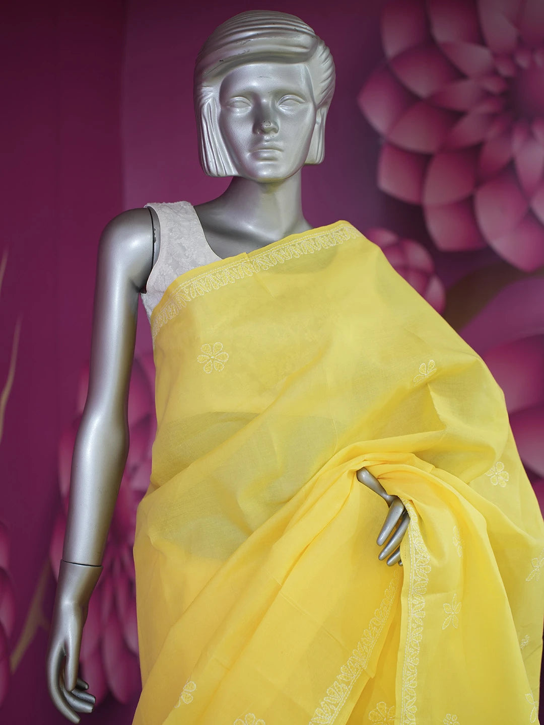 Ada Hand Embroidered Yellow Cotton Lucknowi Chikankari Saree and Blouse 01A469502