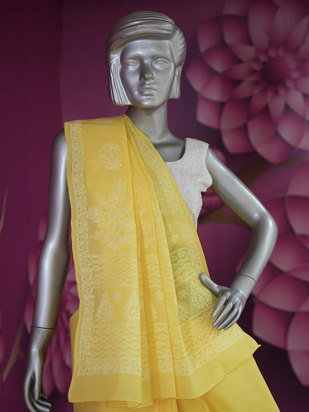 Ada Hand Embroidered Yellow Cotton Lucknowi Chikankari Saree and Blouse 01A469502