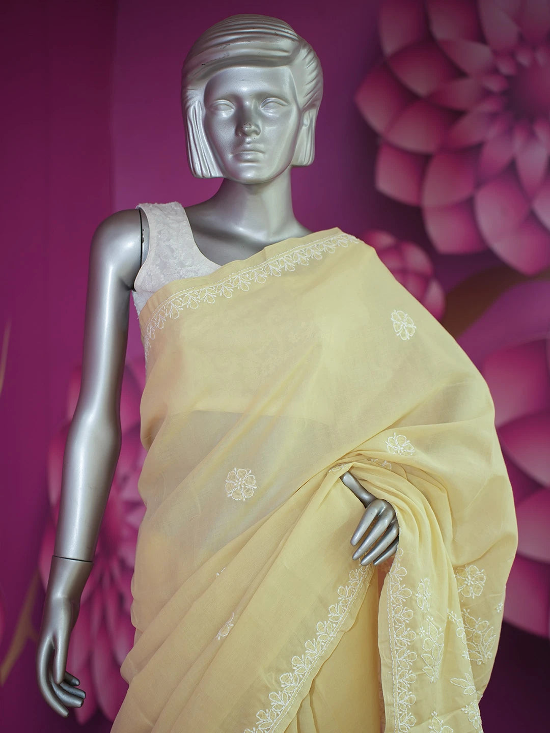 Ada Hand Embroidered Fawn Cotton Lucknowi Chikankari Saree and Blouse 01A583388