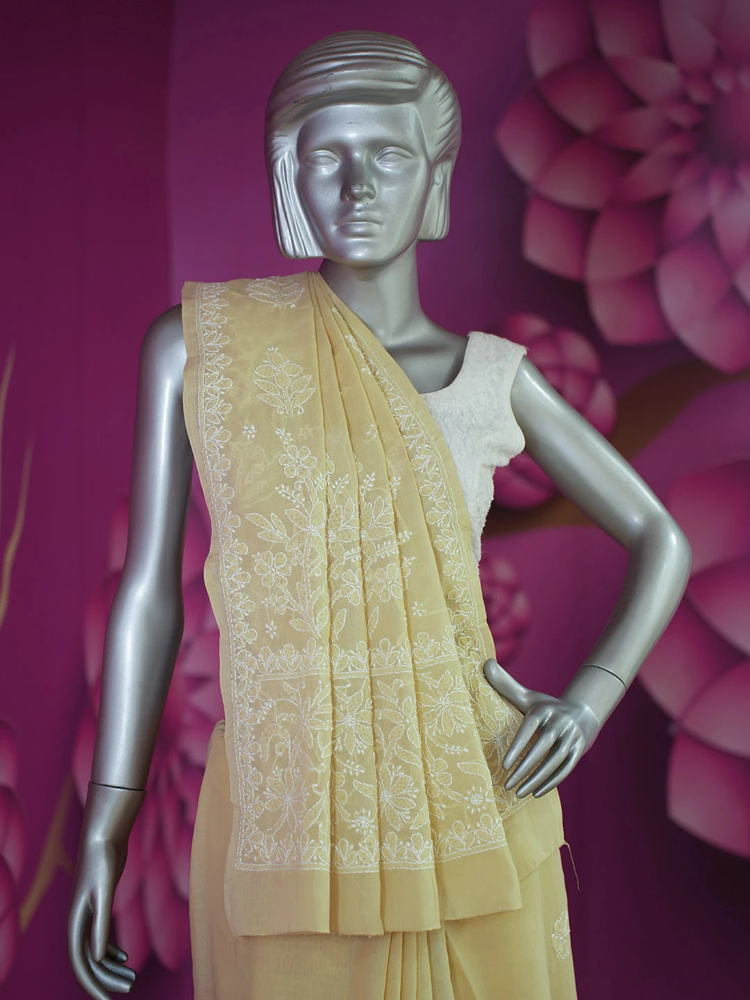 Ada Hand Embroidered Fawn Cotton Lucknowi Chikankari Saree and Blouse 01A583388