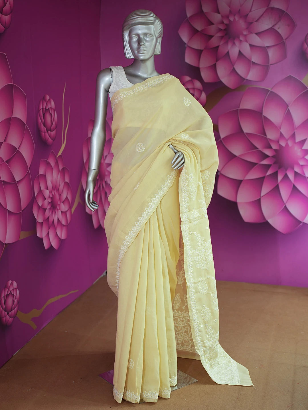Ada Hand Embroidered Fawn Cotton Lucknowi Chikankari Saree and Blouse 01A583388