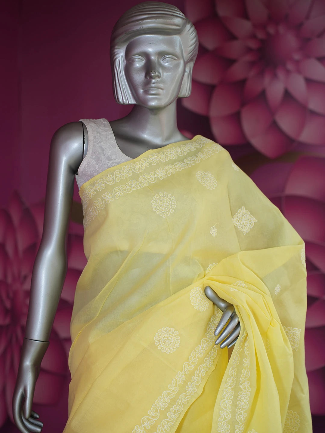 Ada Hand Embroidered Yellow Cotton Lucknowi Chikankari Saree and Blouse 01A599552