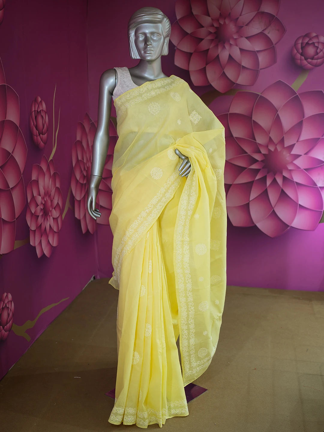 Ada Hand Embroidered Yellow Cotton Lucknowi Chikankari Saree and Blouse 01A599552