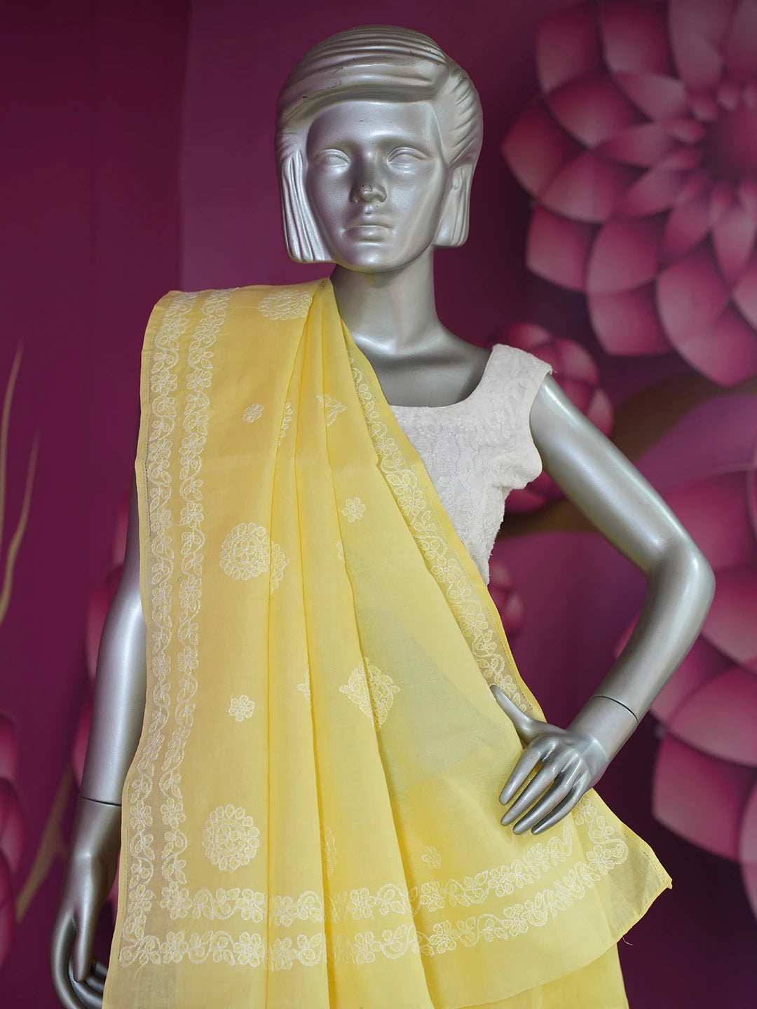 Ada Hand Embroidered Yellow Cotton Lucknowi Chikankari Saree and Blouse 01A599552