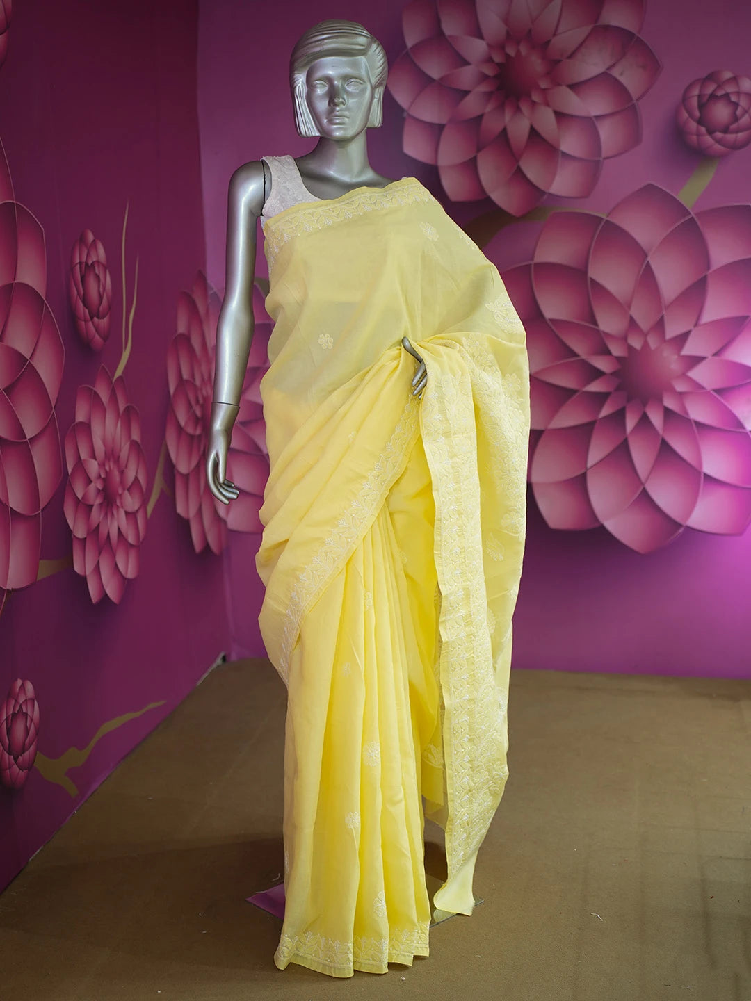 Ada Hand Embroidered Yellow Cotton Lucknowi Chikankari Saree and Blouse 01A614191
