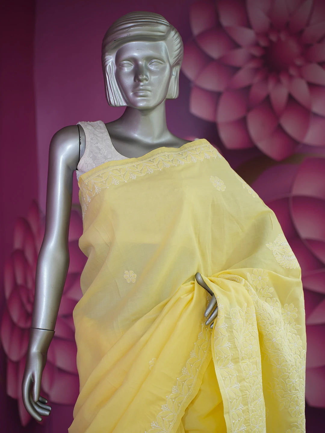 Ada Hand Embroidered Yellow Cotton Lucknowi Chikankari Saree and Blouse 01A614191