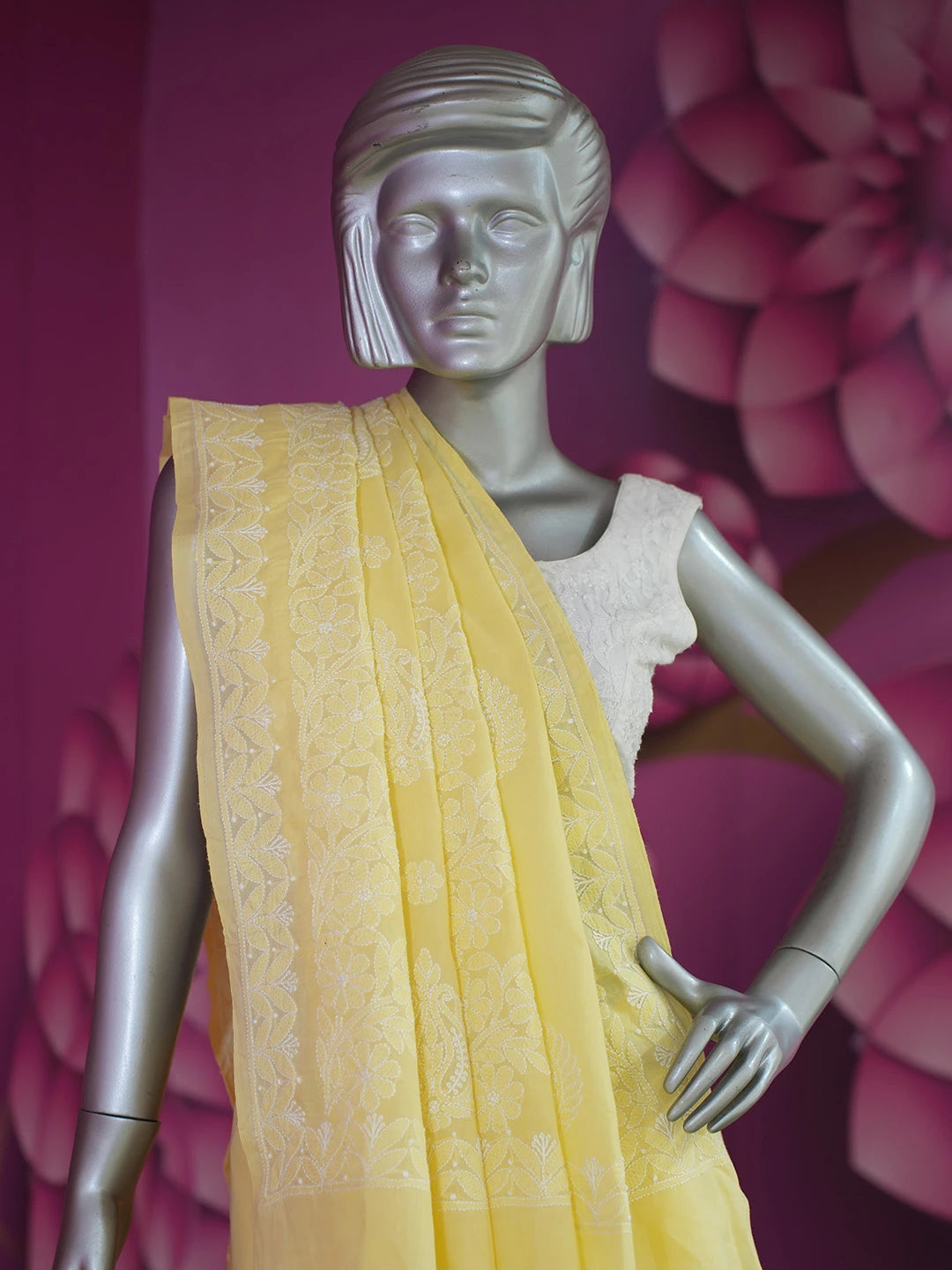 Ada Hand Embroidered Yellow Cotton Lucknowi Chikankari Saree and Blouse 01A614191