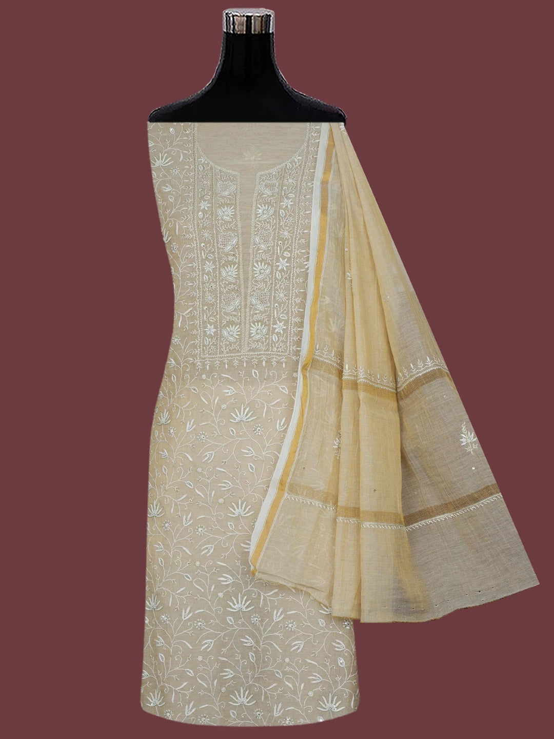 Ada Hand Embroidered Fawn Tissue Lucknowi Chikankari Unstitched Kurta Dupatta Set with Cutdana Work 01A665596