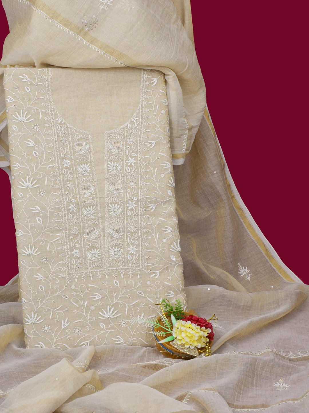 Ada Hand Embroidered Fawn Tissue Lucknowi Chikankari Unstitched Kurta Dupatta Set with Cutdana Work 01A665596