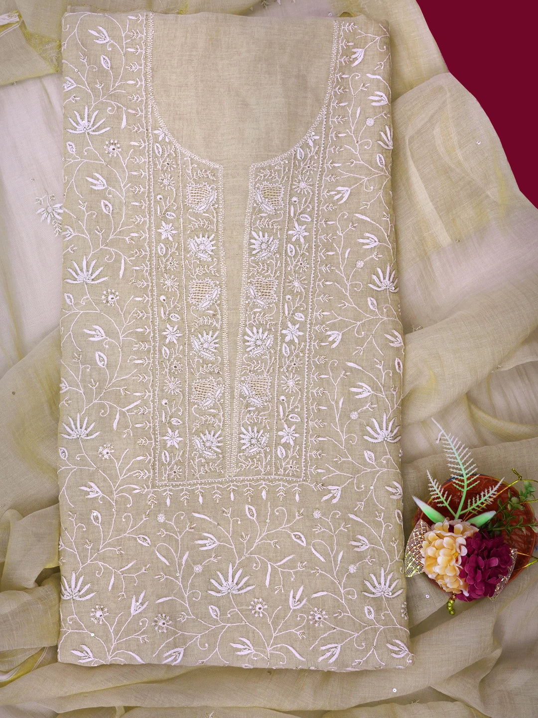 Ada Hand Embroidered Fawn Tissue Lucknowi Chikankari Unstitched Kurta Dupatta Set with Cutdana Work 01A665596