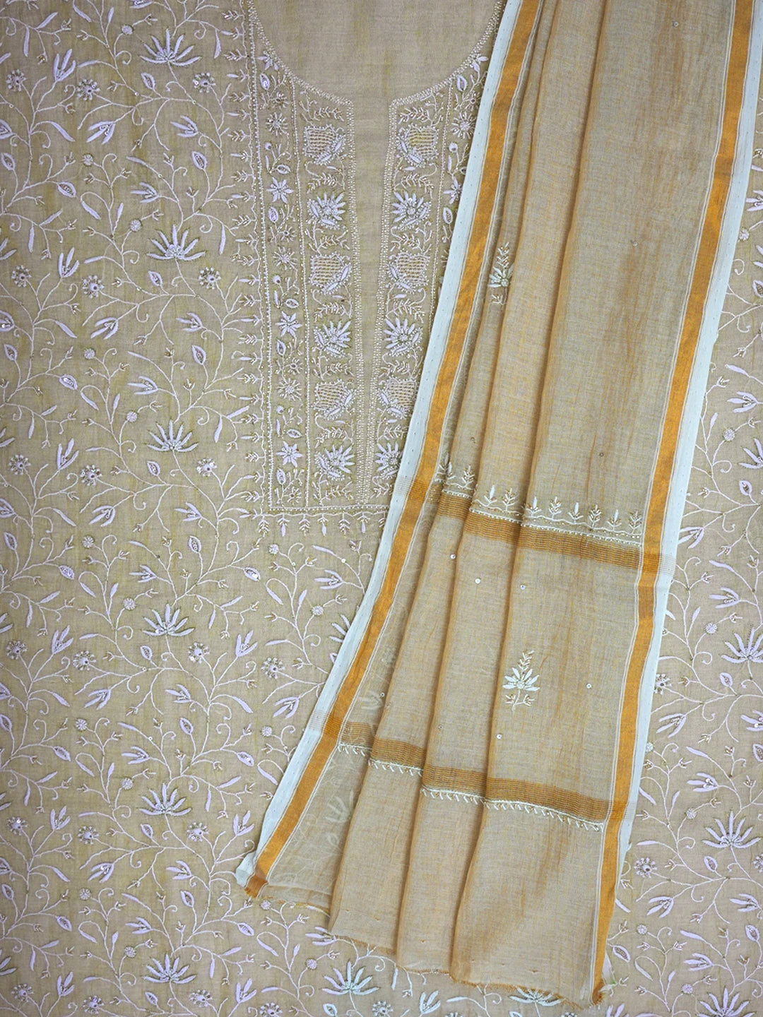 Ada Hand Embroidered Fawn Tissue Lucknowi Chikankari Unstitched Kurta Dupatta Set with Cutdana Work 01A665596
