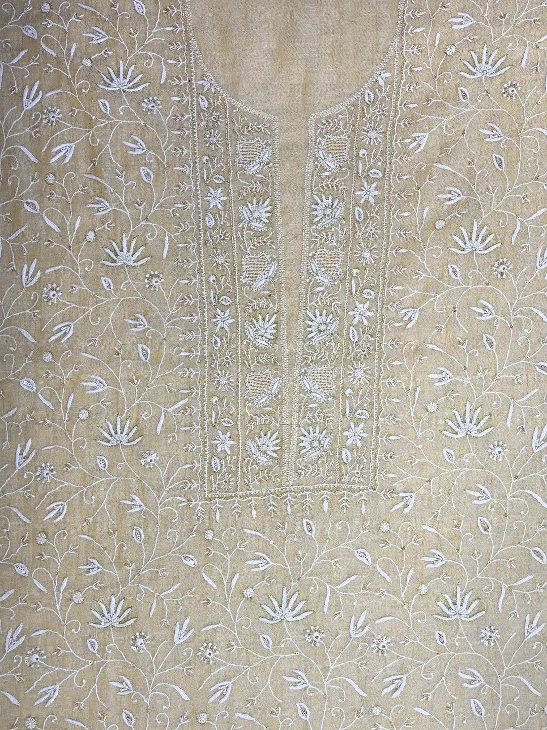 Ada Hand Embroidered Fawn Tissue Lucknowi Chikankari Unstitched Kurta Dupatta Set with Cutdana Work 01A665596