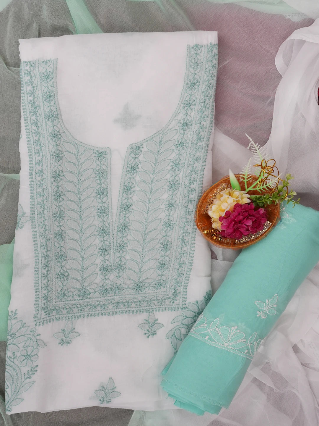 Ada Hand Embroidered White Cotton Lucknowi Chikankari Unstitched Suit Piece 01A688421