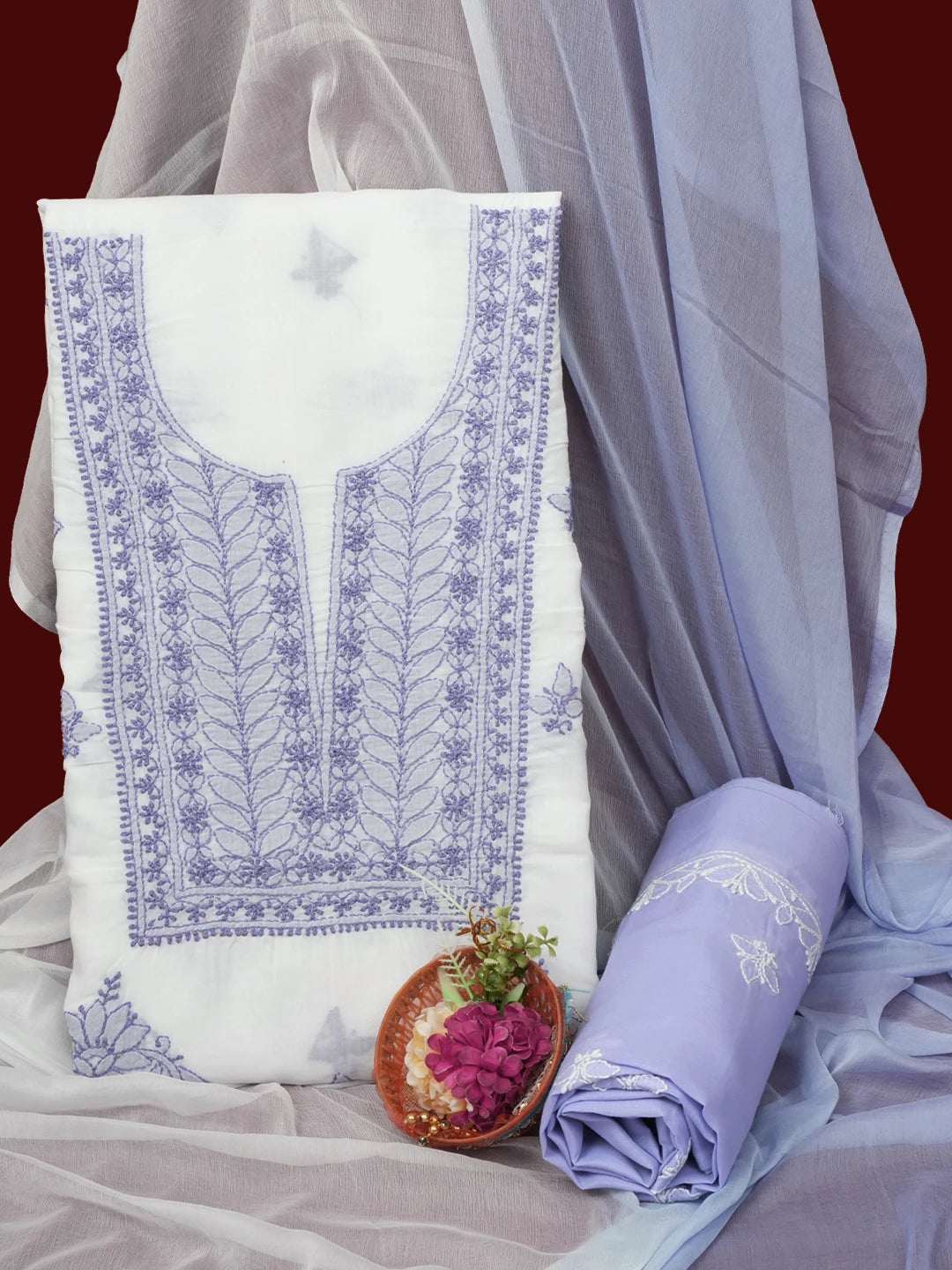 Ada Hand Embroidered White Cotton Lucknowi Chikankari Unstitched Suit Piece 01A688429