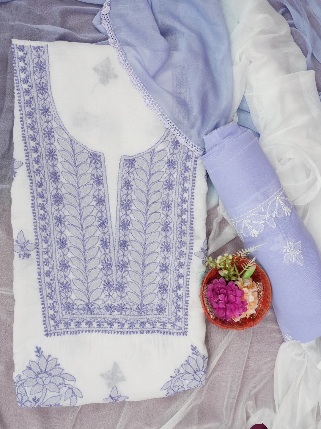 Ada Hand Embroidered White Cotton Lucknowi Chikankari Unstitched Suit Piece 01A688429