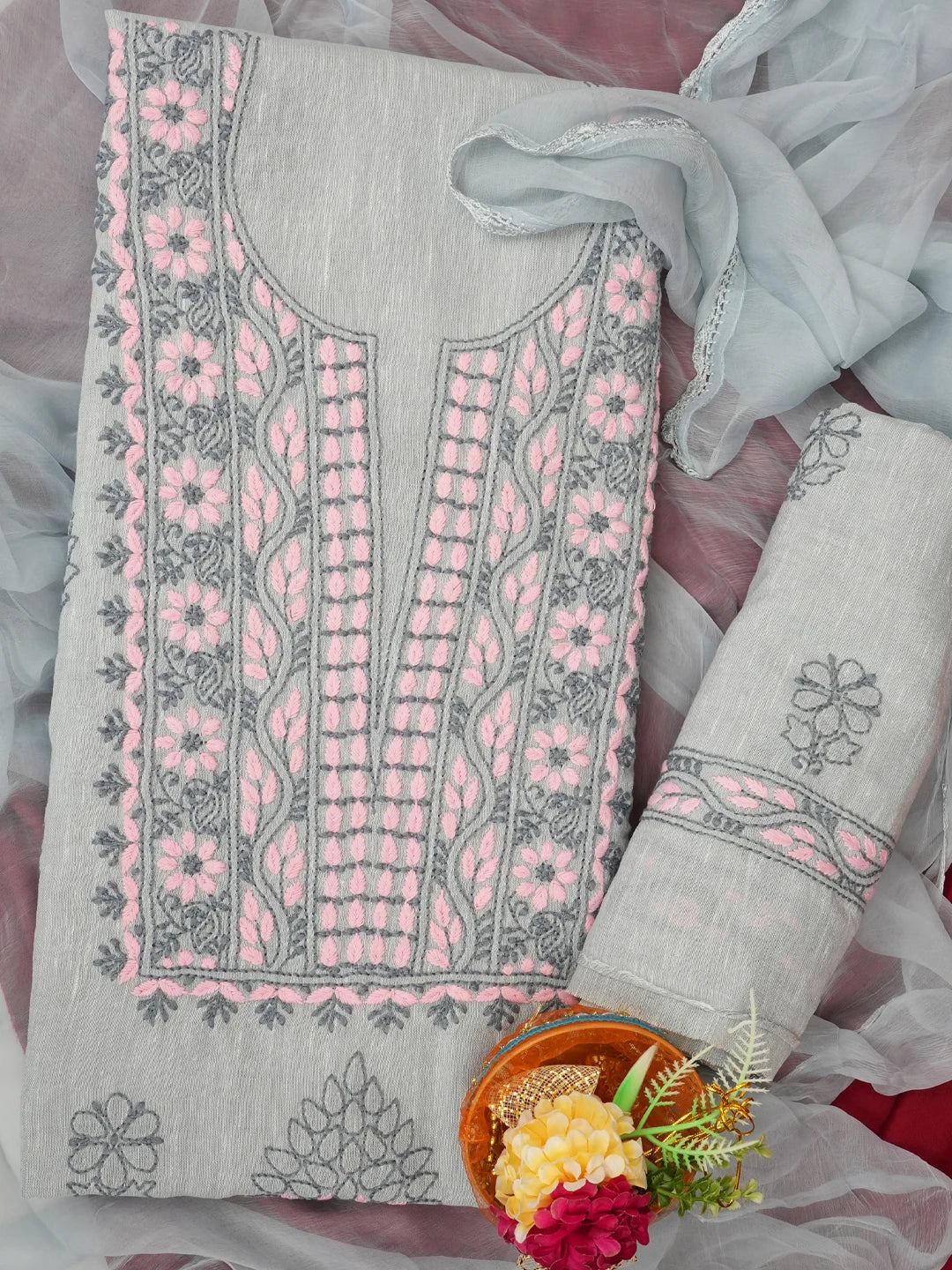 Ada Hand Embroidered Grey Linen Lucknowi Chikankari Unstitched Suit Piece 01A688437