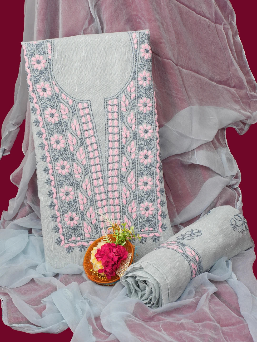 Ada Hand Embroidered Grey Linen Lucknowi Chikankari Unstitched Suit Piece 01A688437