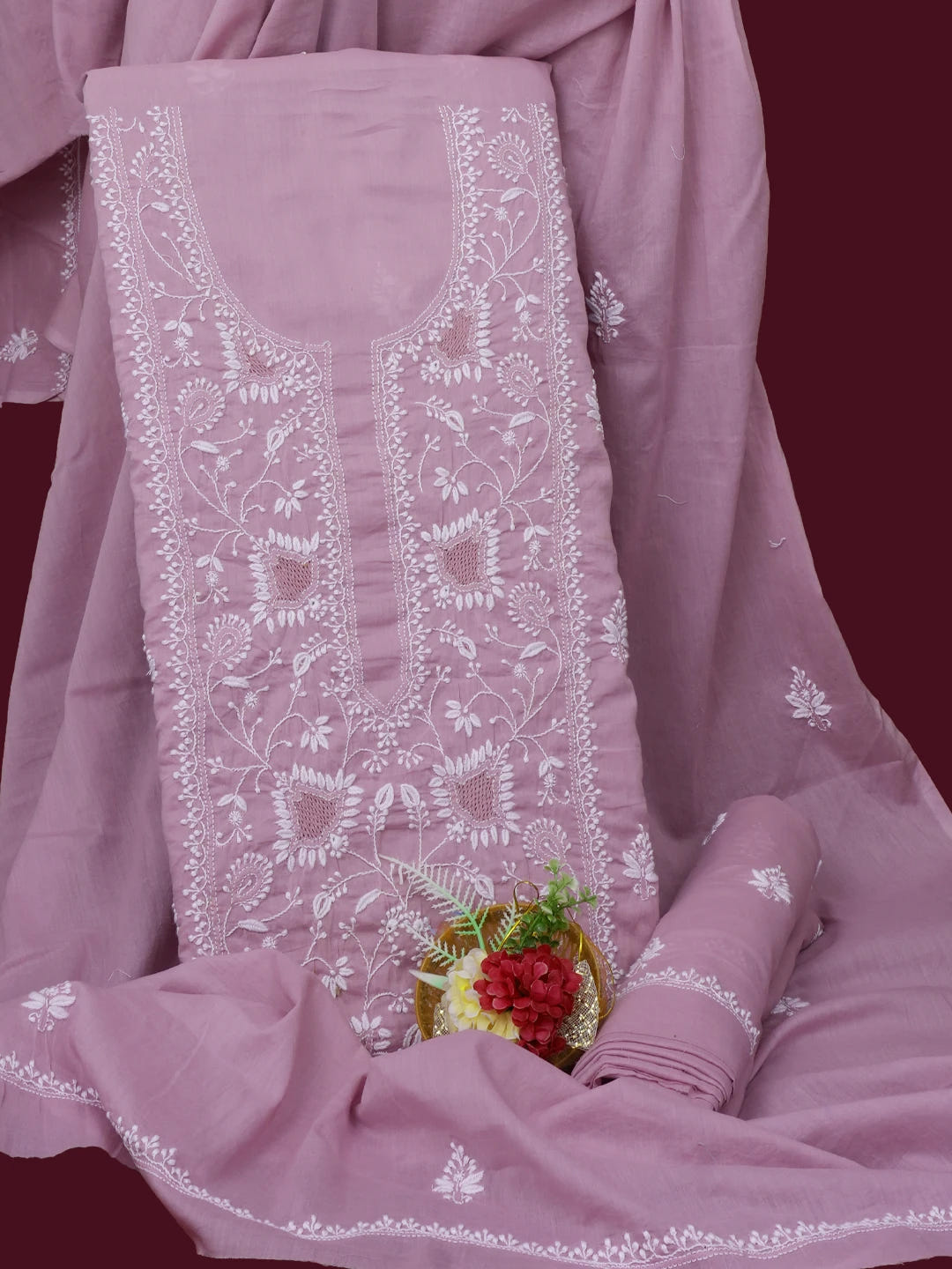 Ada Hand Embroidered Mauve Cotton Lucknowi Chikankari Unstitched Suit Piece 01A687369