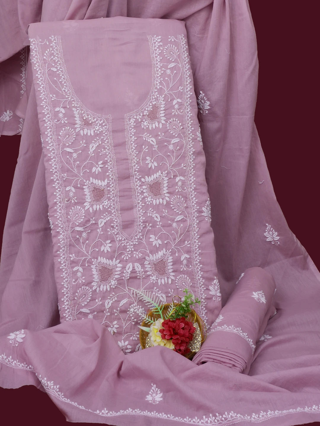 Ada Hand Embroidered Mauve Cotton Lucknowi Chikankari Unstitched Suit Piece 01A687369