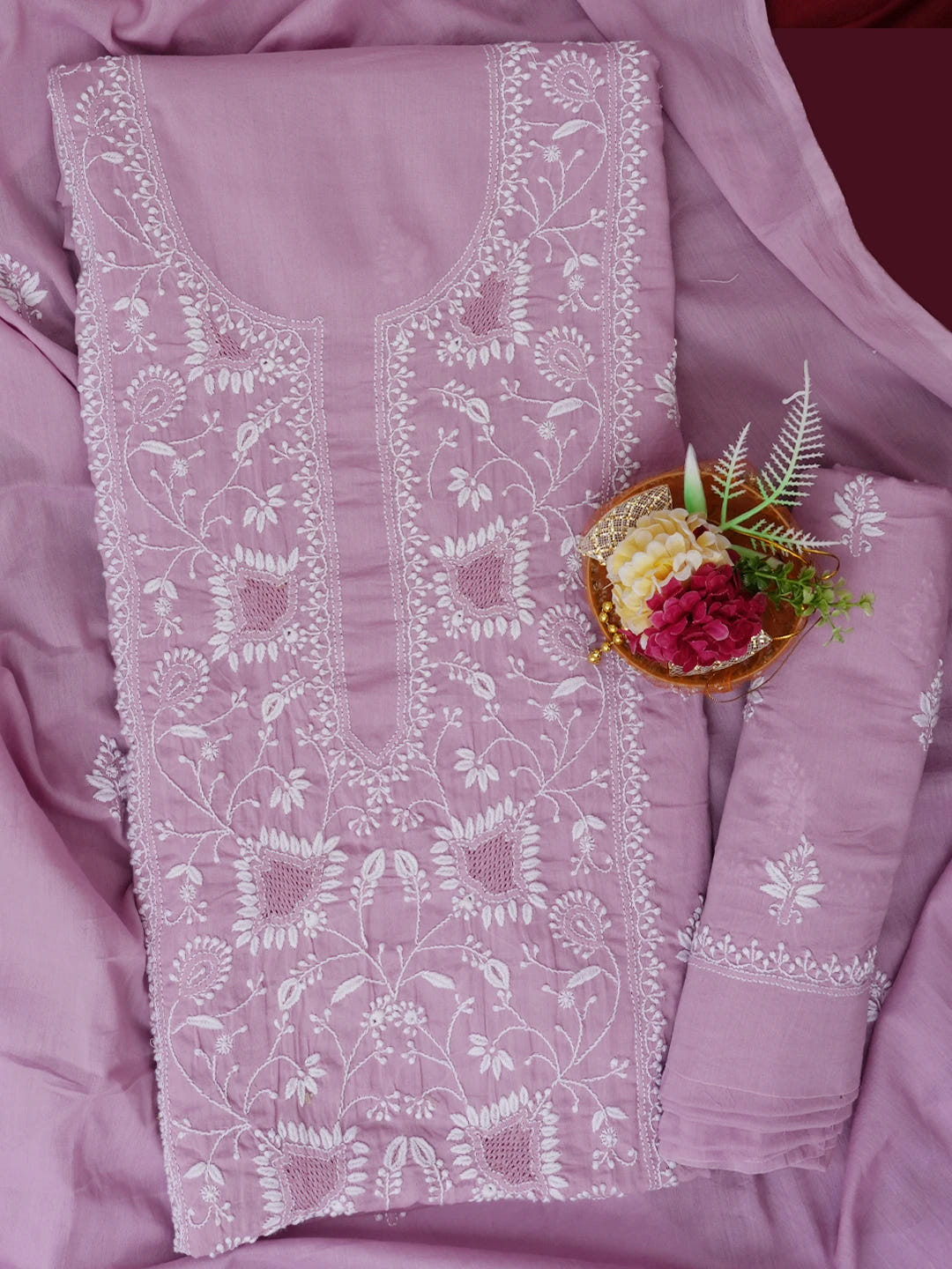 Ada Hand Embroidered Mauve Cotton Lucknowi Chikankari Unstitched Suit Piece 01A687369