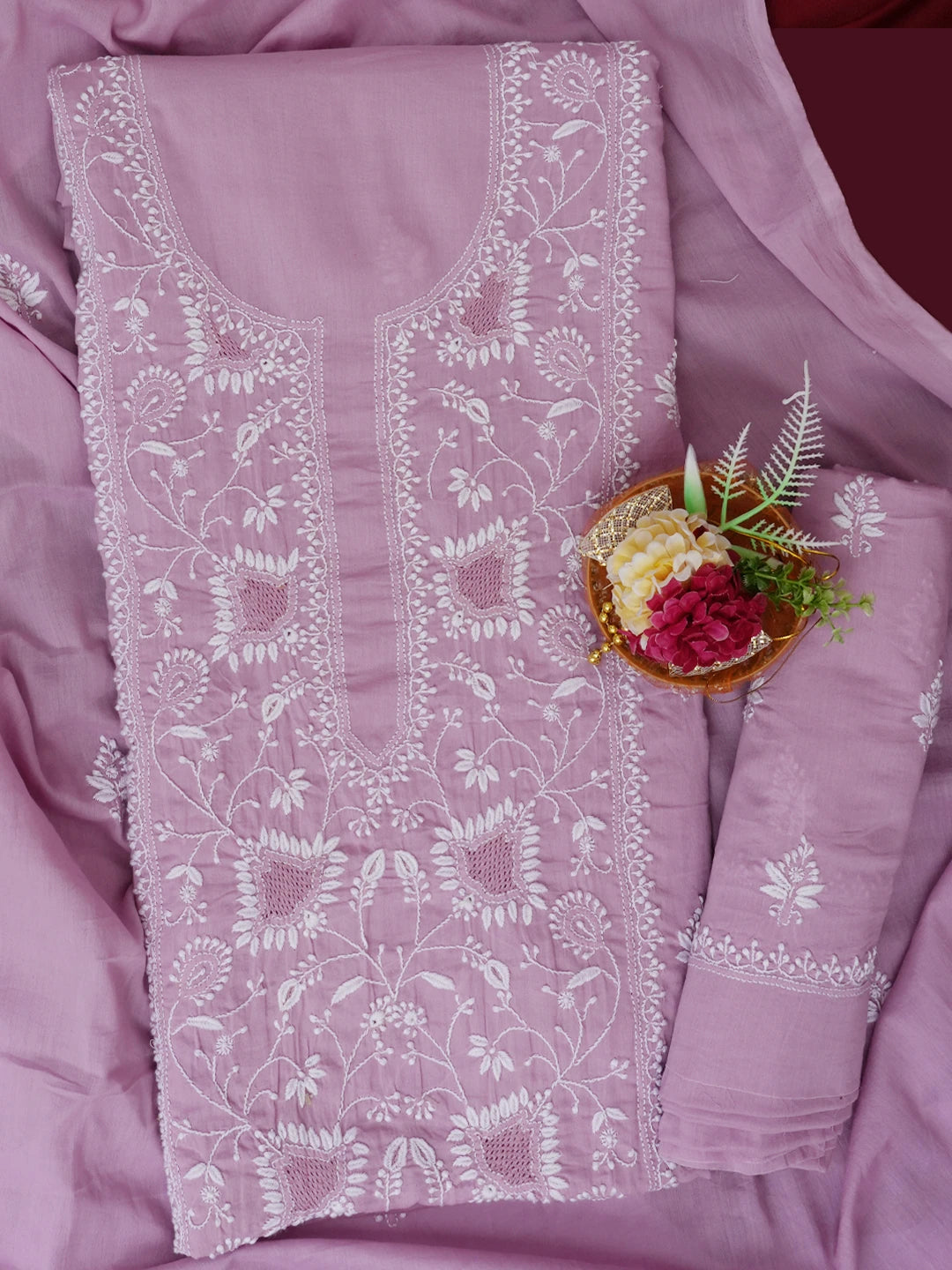 Ada Hand Embroidered Mauve Cotton Lucknowi Chikankari Unstitched Suit Piece 01A687369