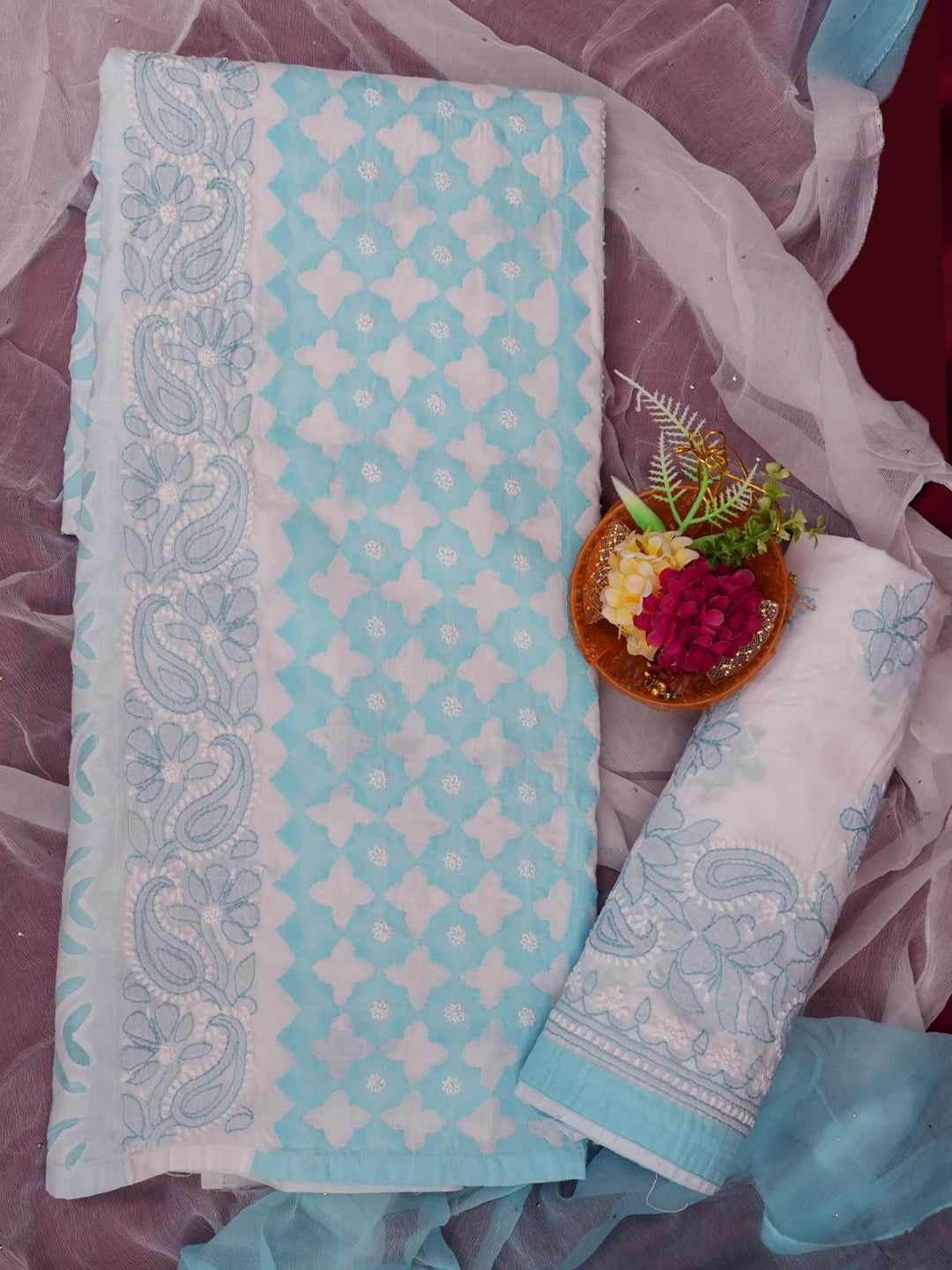 Ada Hand Embroidered White Cotton Lucknowi Chikankari Unstitched Suit Piece 01A679704