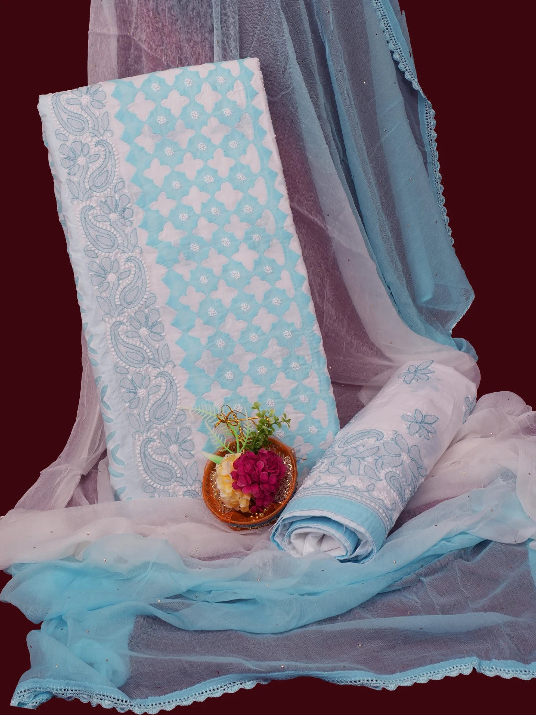 Ada Hand Embroidered White Cotton Lucknowi Chikankari Unstitched Suit Piece 01A679704