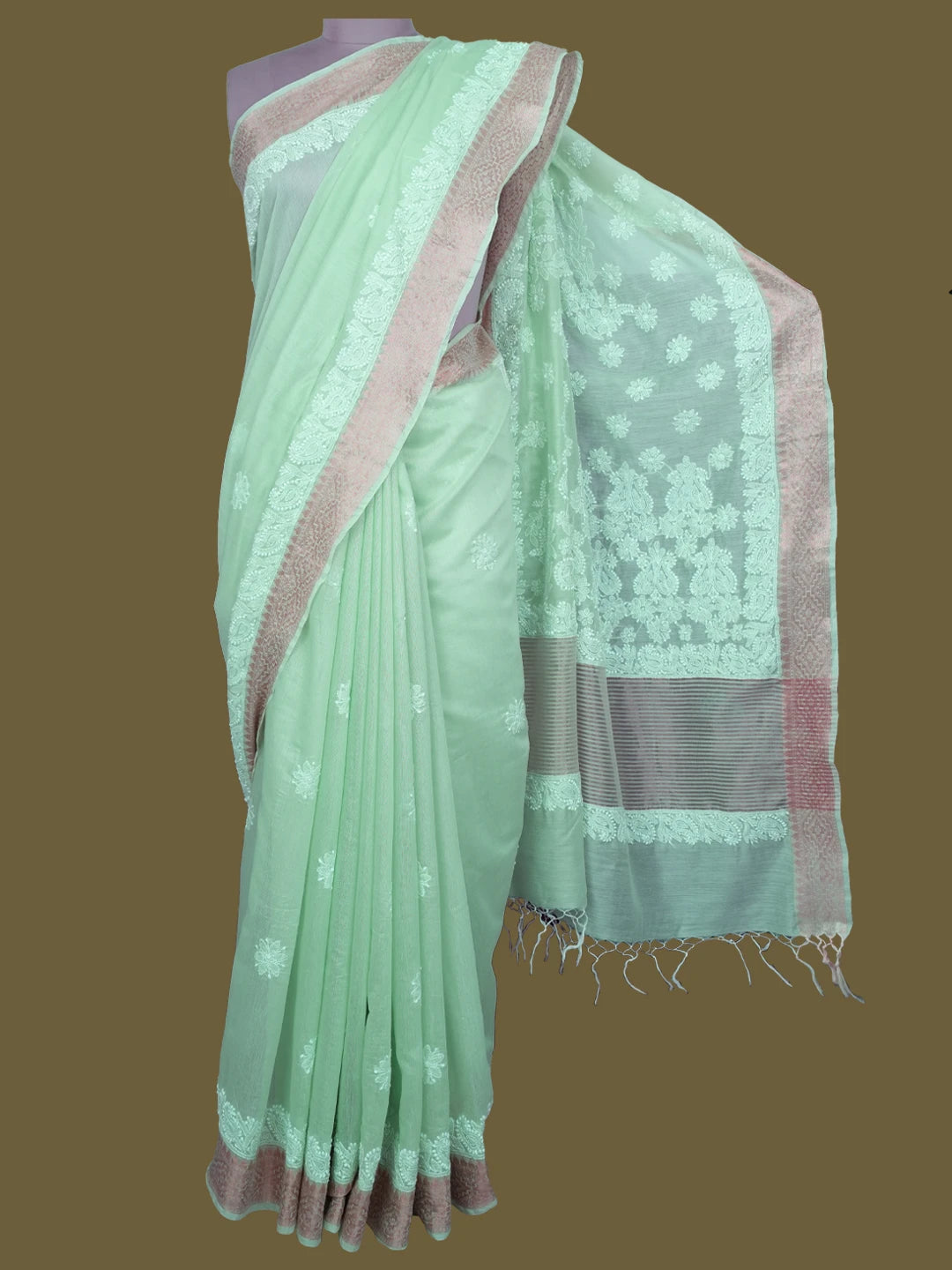 Ada Hand Embroidered Sea Green Chanderi Lucknowi Chikankari Saree With Blouse 01A683628