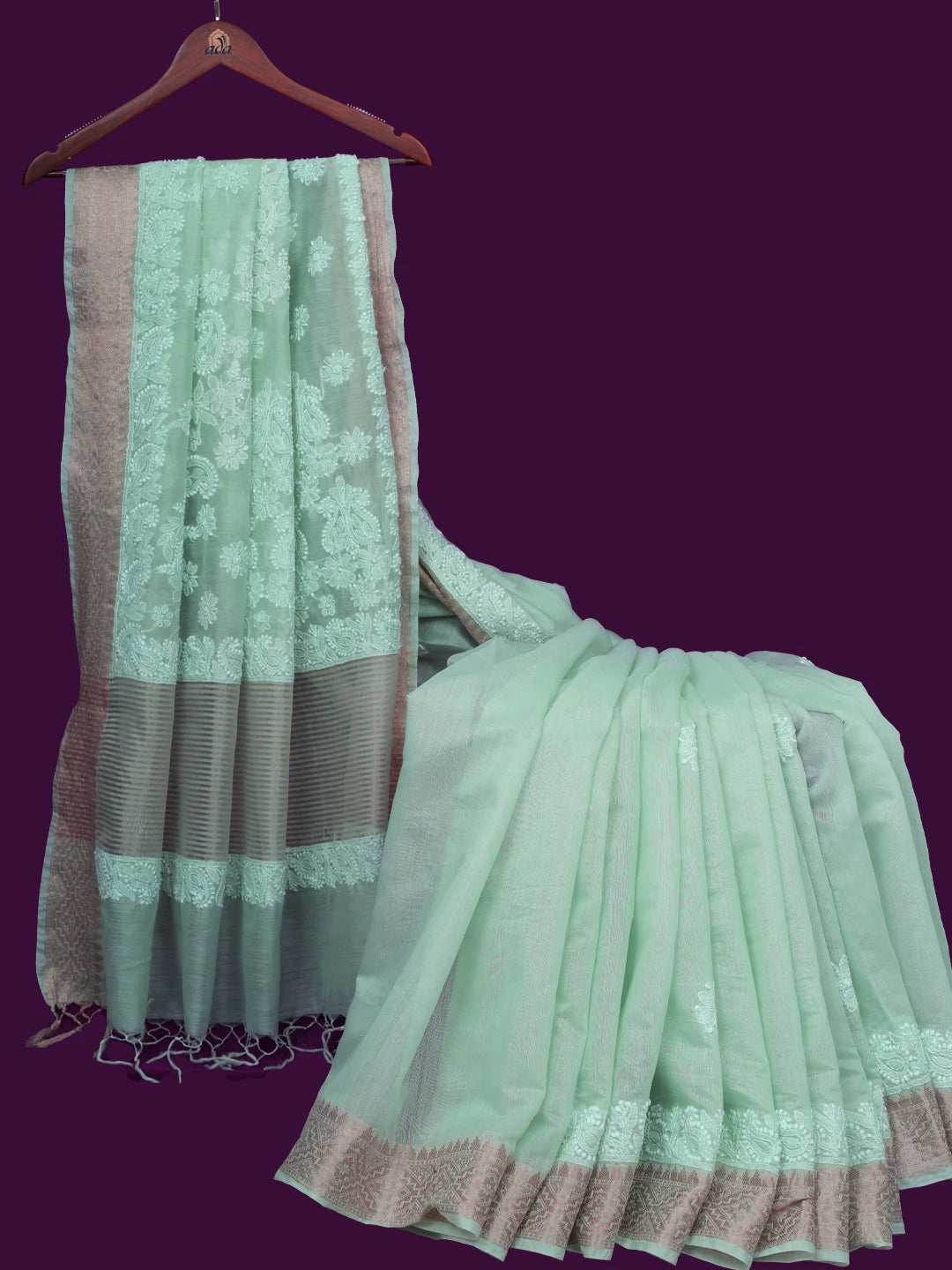 Ada Hand Embroidered Sea Green Chanderi Lucknowi Chikankari Saree With Blouse 01A683628