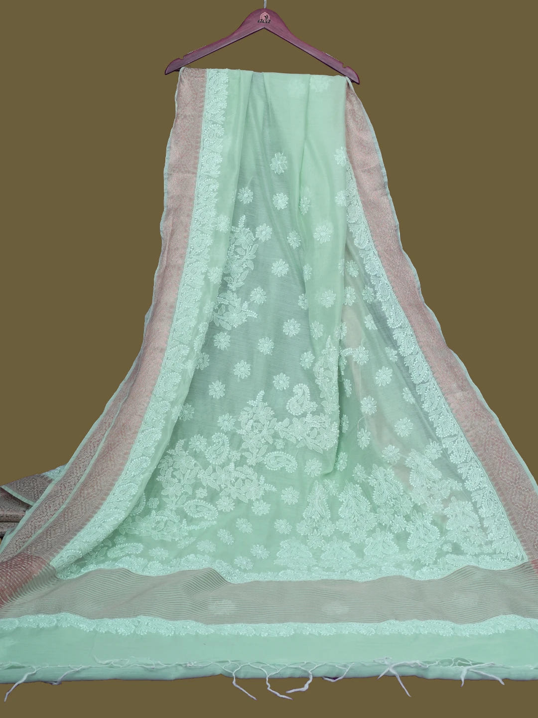 Ada Hand Embroidered Sea Green Chanderi Lucknowi Chikankari Saree With Blouse 01A683628