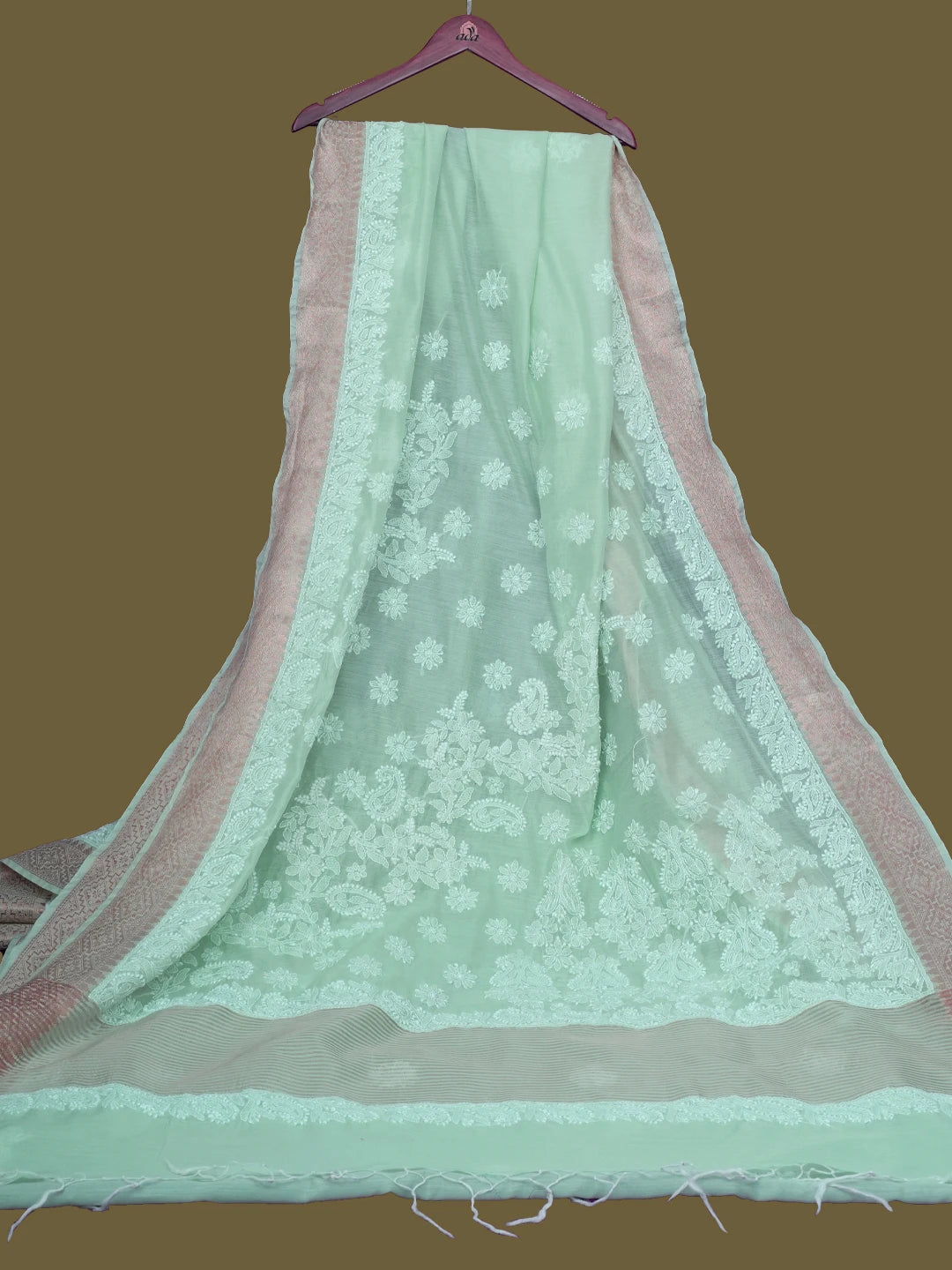 Ada Hand Embroidered Sea Green Chanderi Lucknowi Chikankari Saree With Blouse 01A683628