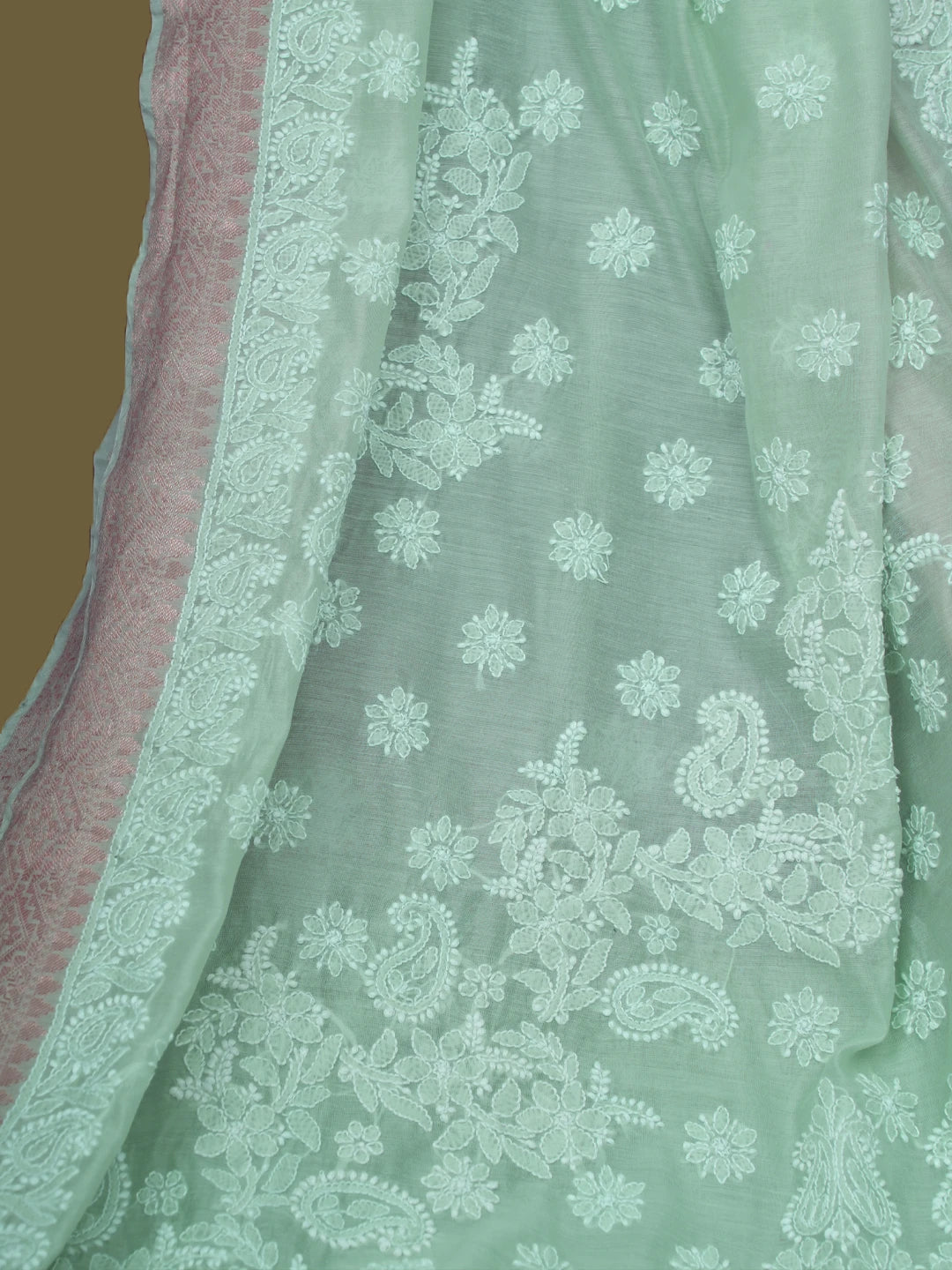 Ada Hand Embroidered Sea Green Chanderi Lucknowi Chikankari Saree With Blouse 01A683628
