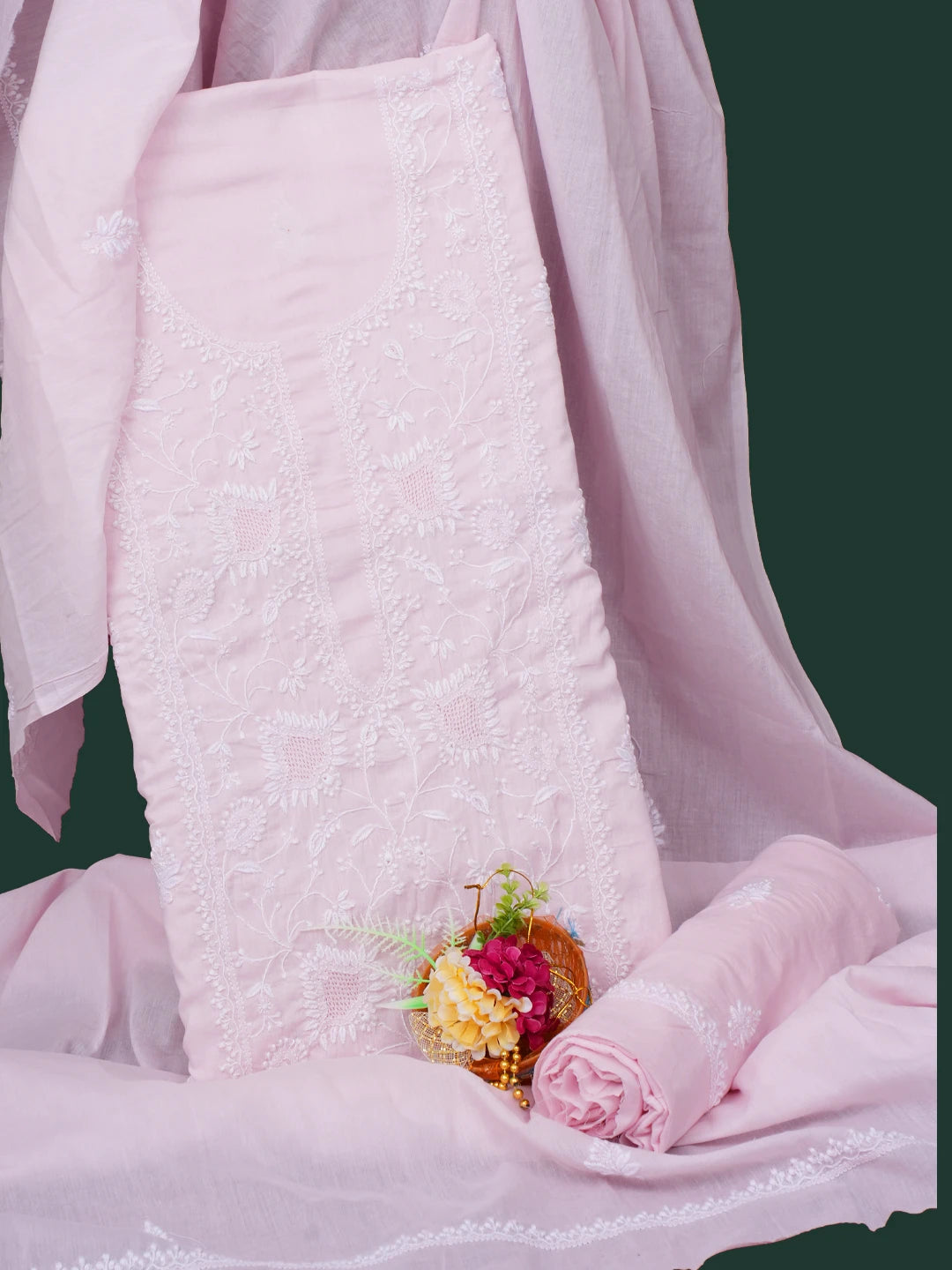 Ada Hand Embroidered Pink Cotton Lucknowi Chikankari Unstitched Suit Piece 01A687371