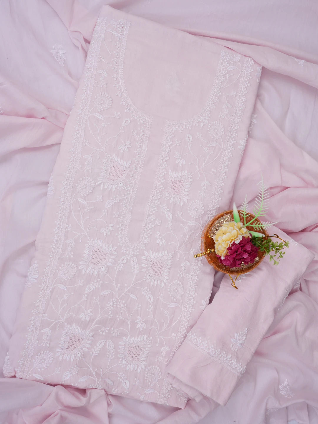 Ada Hand Embroidered Pink Cotton Lucknowi Chikankari Unstitched Suit Piece 01A687371