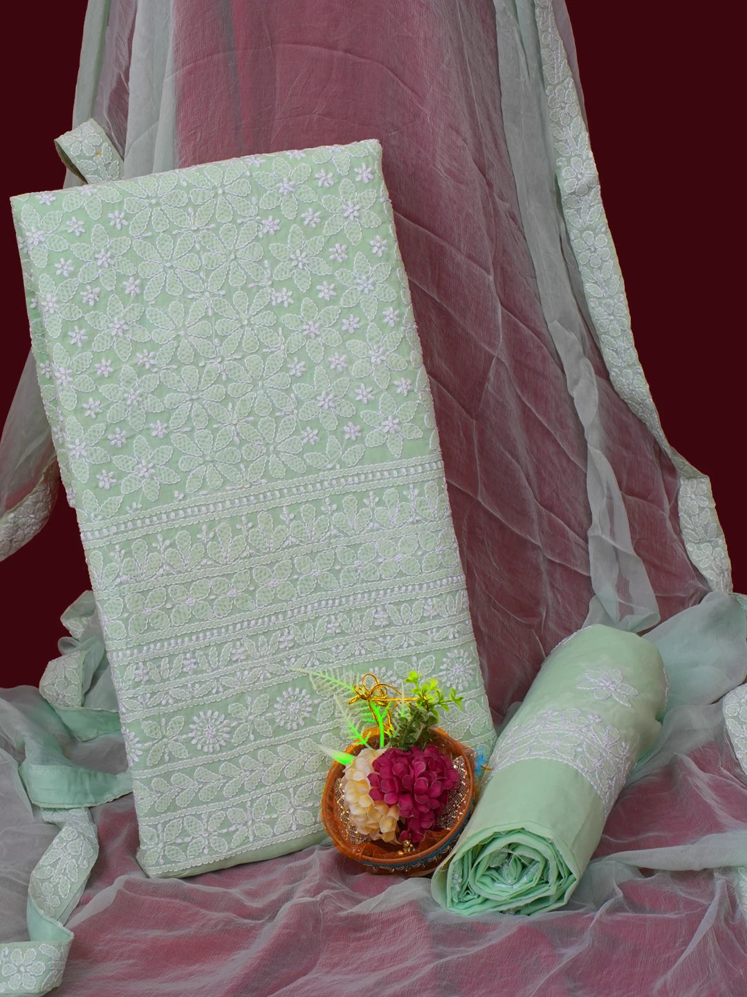 Ada Hand Embroidered Light Green Cotton Lucknowi Chikankari Unstitched Suit Piece 01A670253