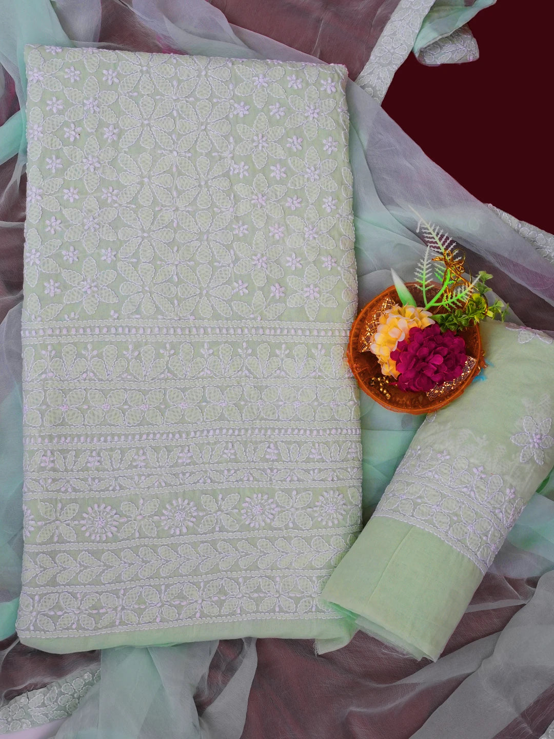 Ada Hand Embroidered Light Green Cotton Lucknowi Chikankari Unstitched Suit Piece 01A670253