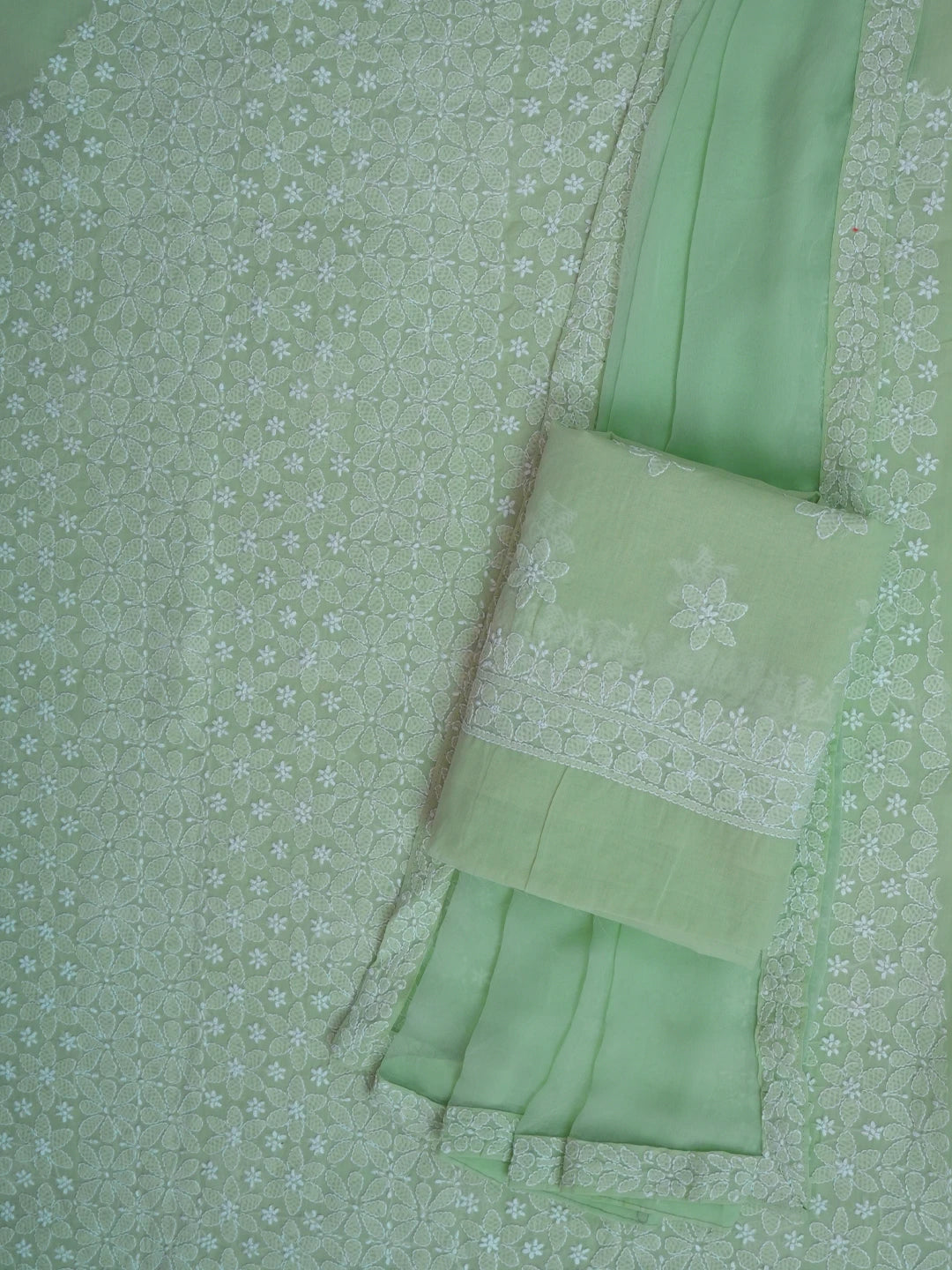 Ada Hand Embroidered Light Green Cotton Lucknowi Chikankari Unstitched Suit Piece 01A670253