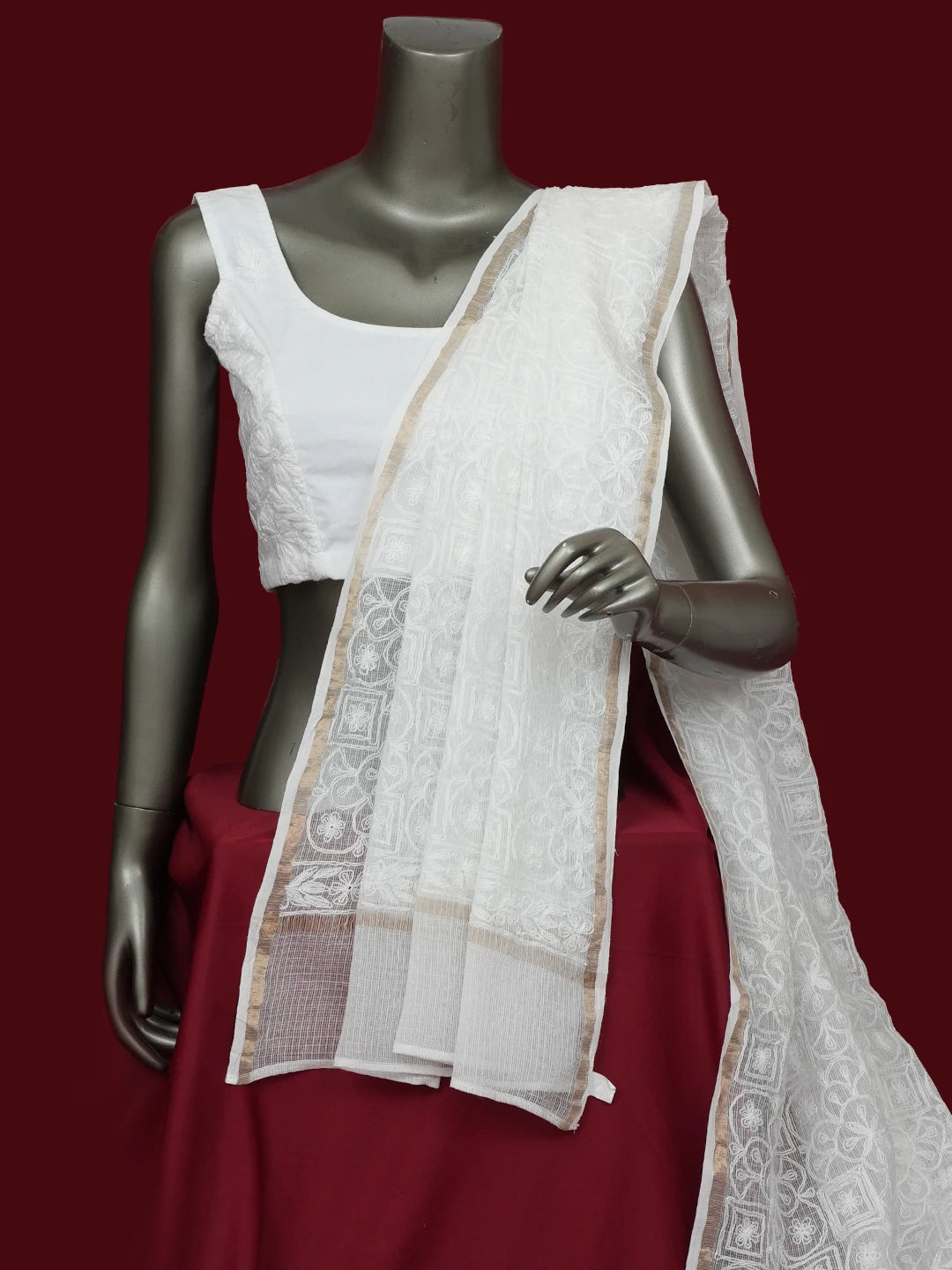 Ada Hand Embroidered White Kota Lucknowi Chikankari Dupatta 01A650875