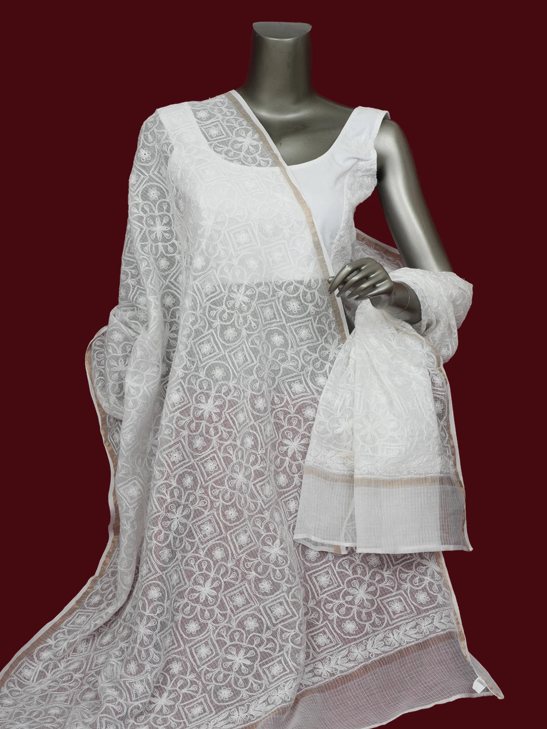 Ada Hand Embroidered White Kota Lucknowi Chikankari Dupatta 01A650875