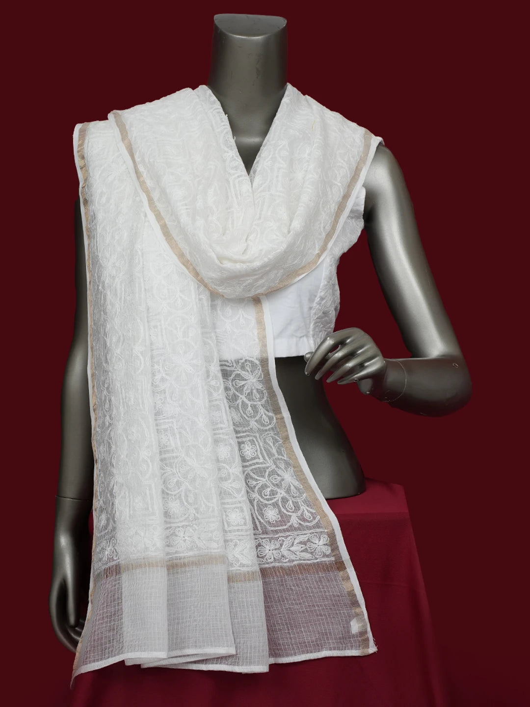 Ada Hand Embroidered White Kota Lucknowi Chikankari Dupatta 01A650875