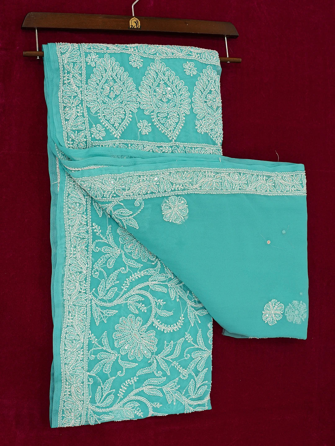 Ada Hand Embroidered Sea Green Georgette Lucknowi Chikankari Saree/Blouse With Cutdana Work 01A492648