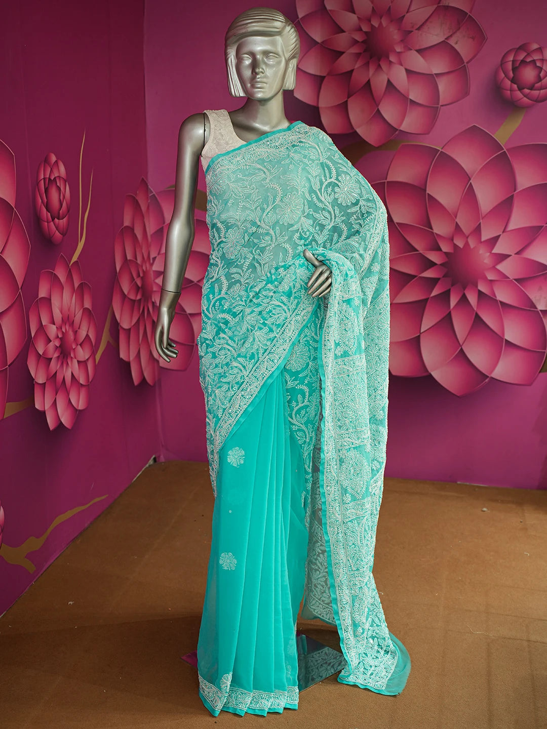 Ada Hand Embroidered Sea Green Georgette Lucknowi Chikankari Saree/Blouse With Cutdana Work 01A492648